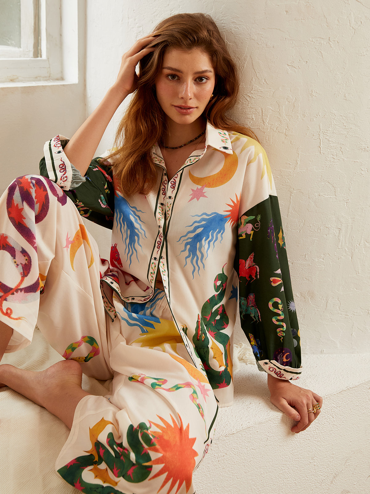 Boho Print Loose Shirt With Wide Leg Pants Set-Massicos