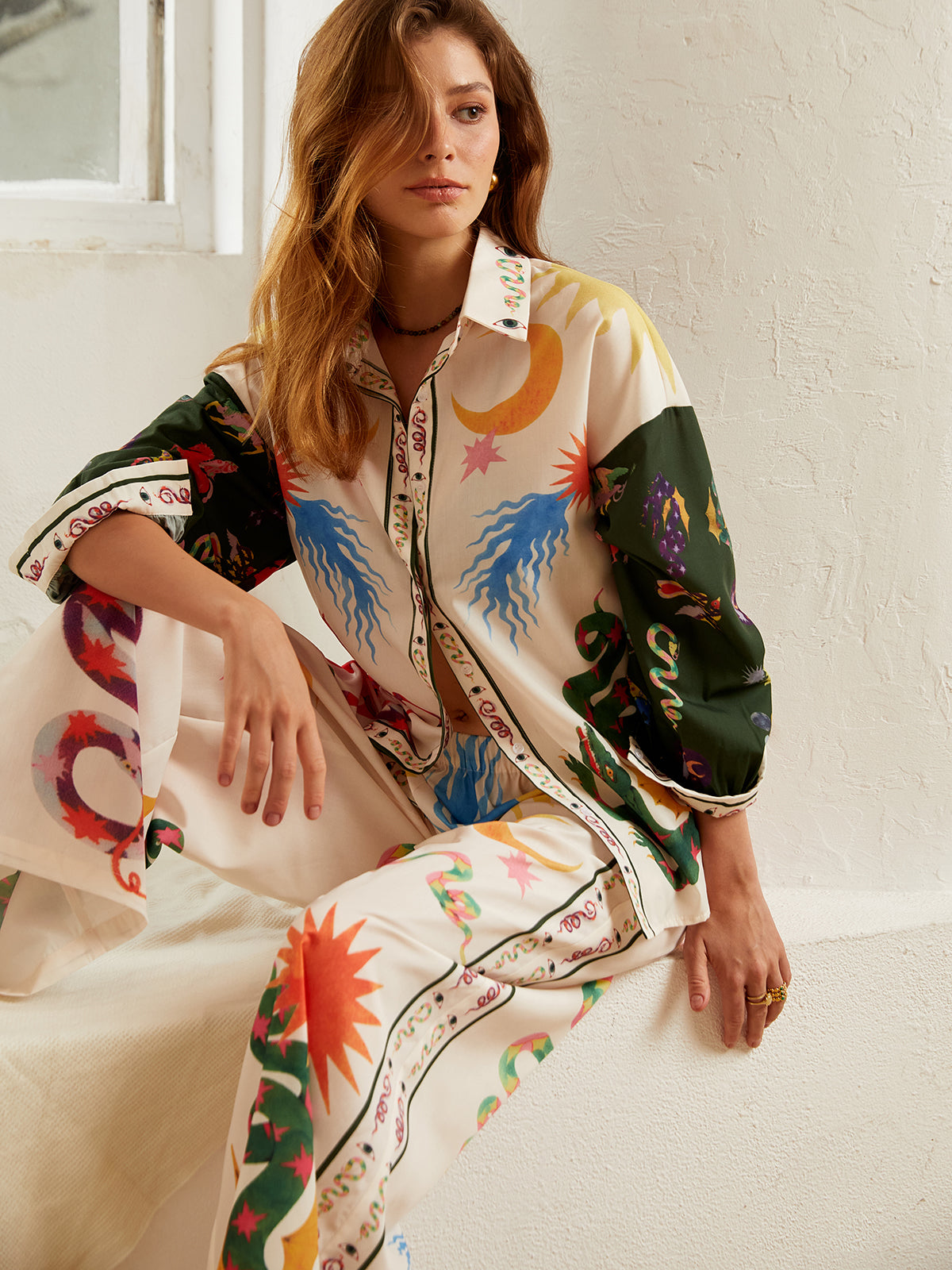 Boho Print Loose Shirt With Wide Leg Pants Set-Massicos