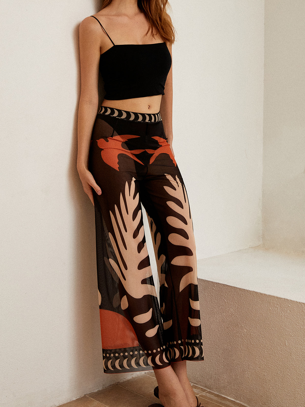 Bird Print Sheer Mesh Pants-Massicos