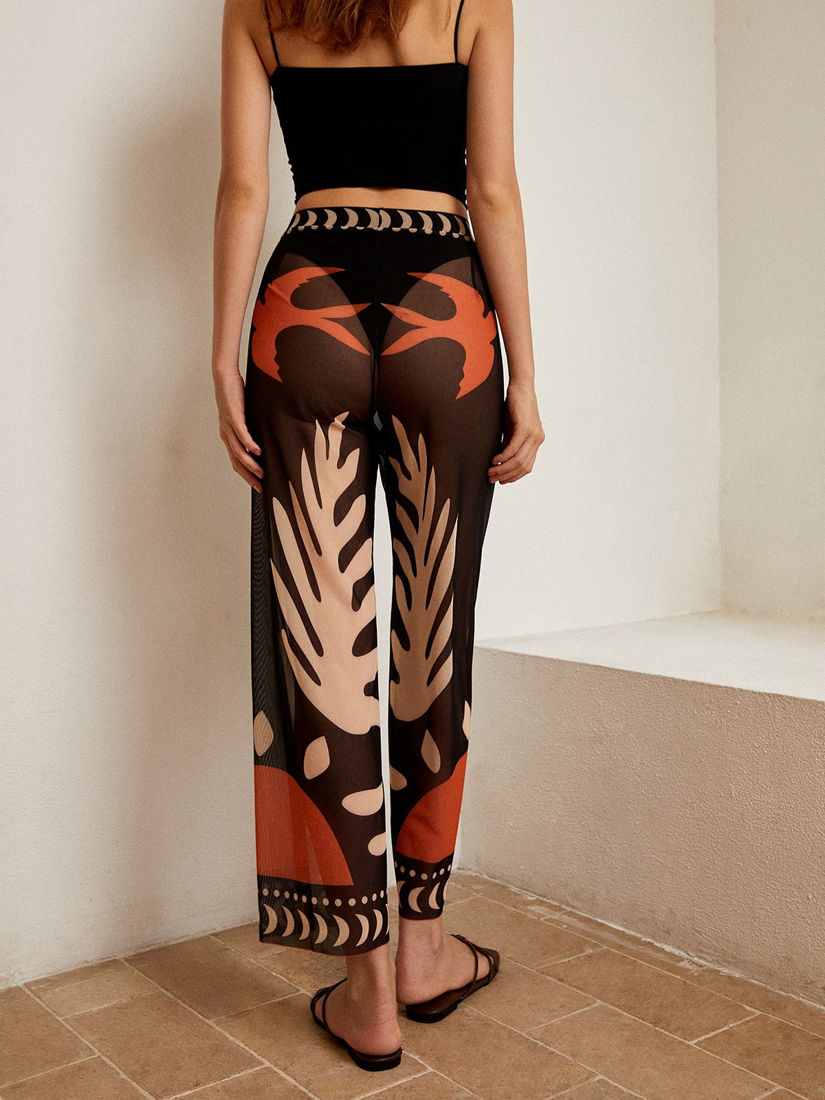 Bird Print Sheer Mesh Pants-Massicos