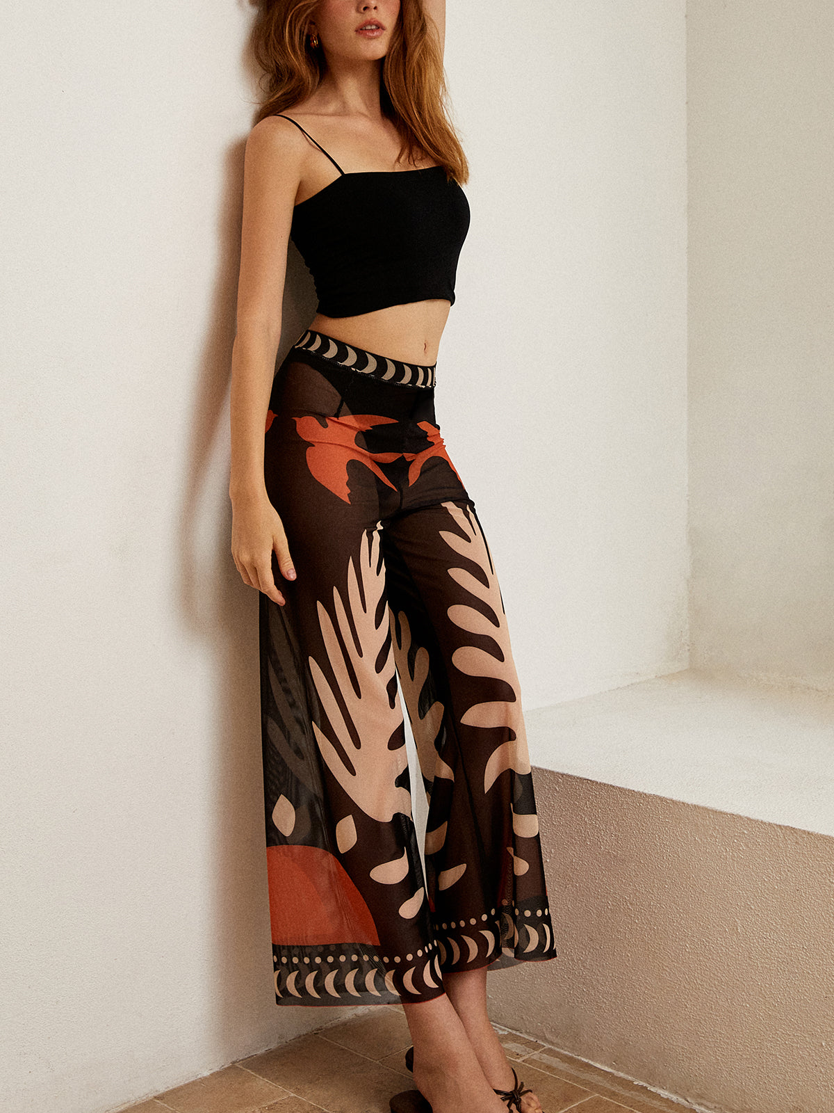 Bird Print Sheer Mesh Pants-Massicos