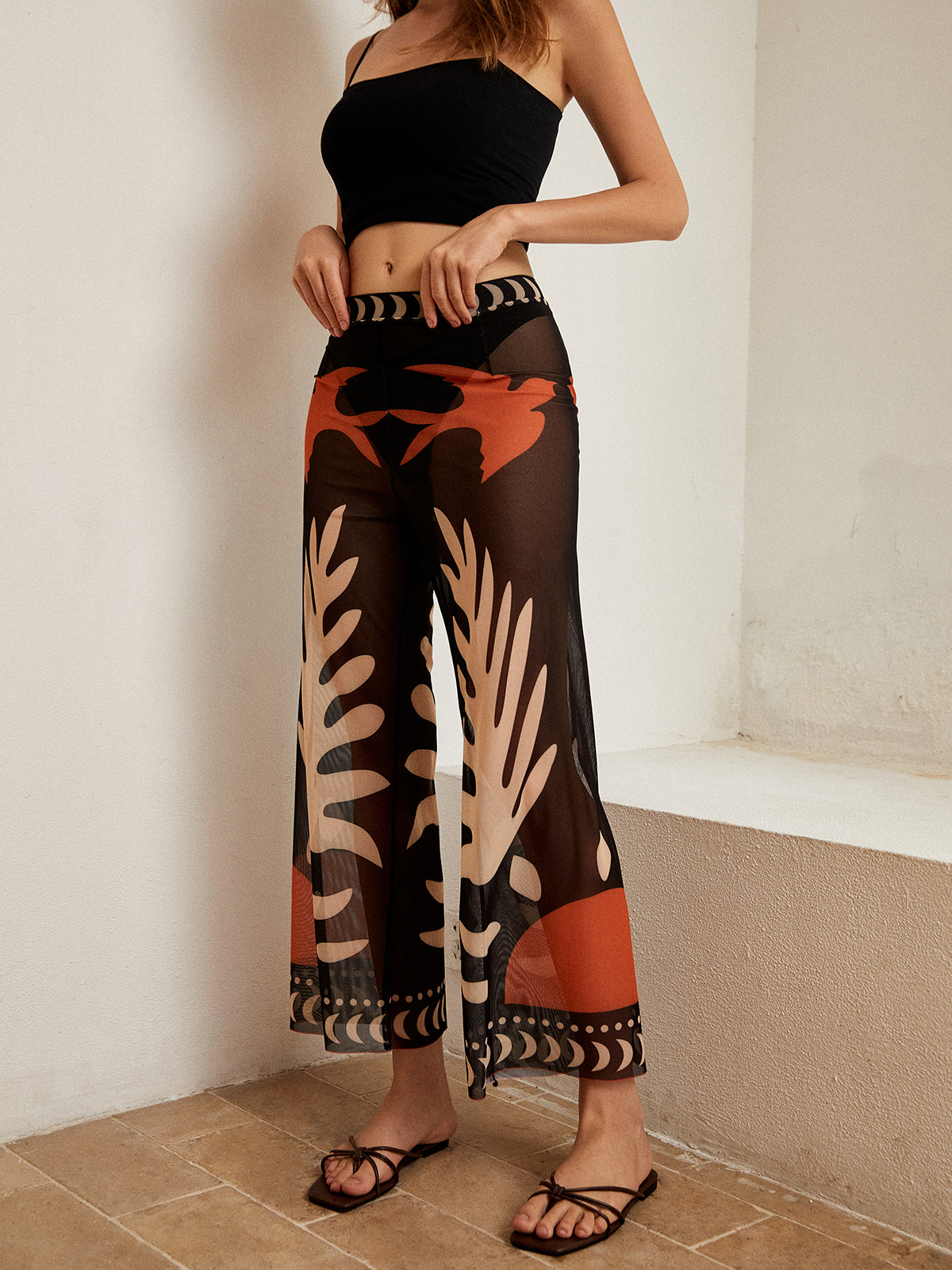 Bird Print Sheer Mesh Pants-Massicos