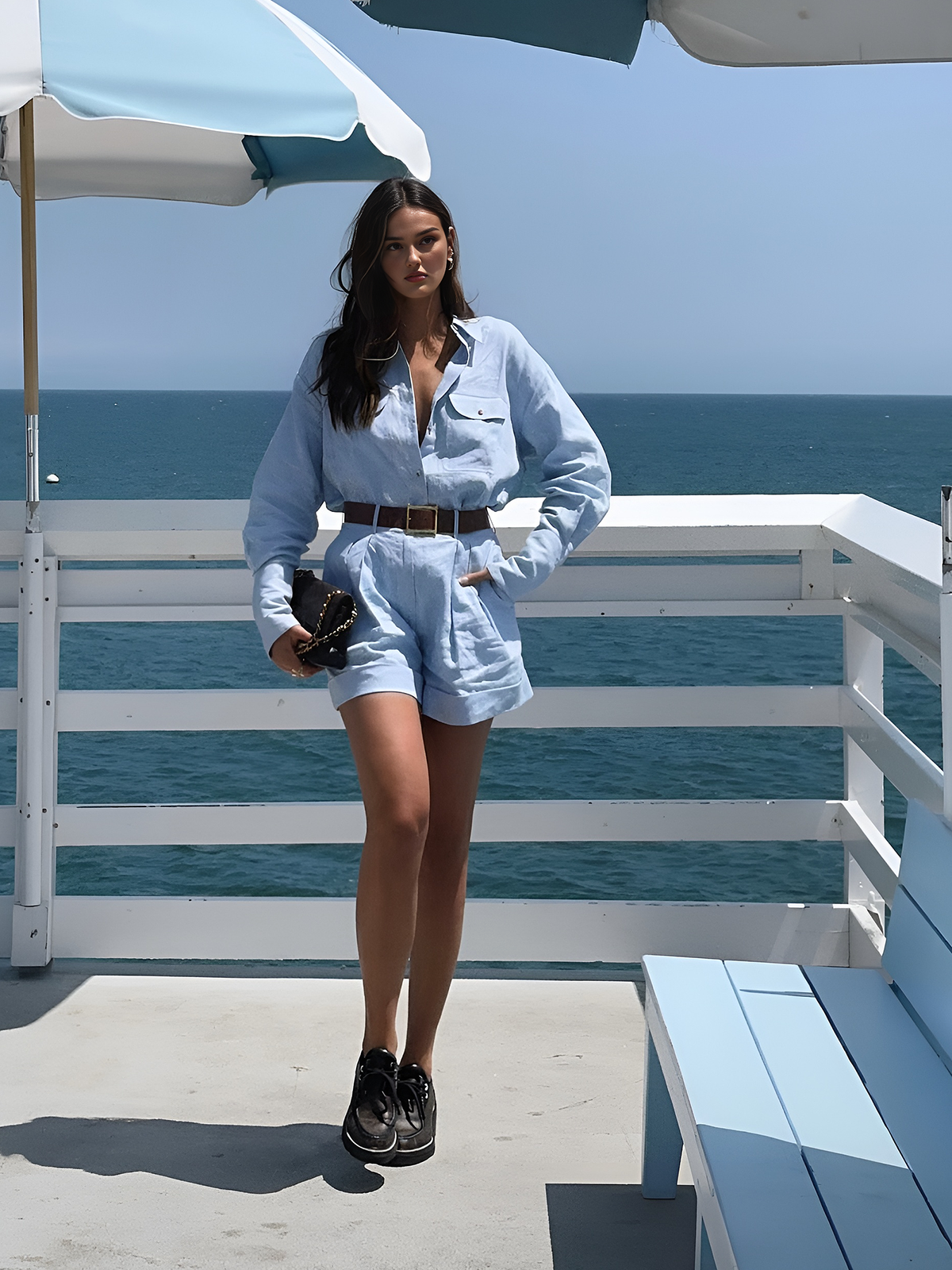 Long Sleeve Collared Pleated Shorts Set-ROVOLE