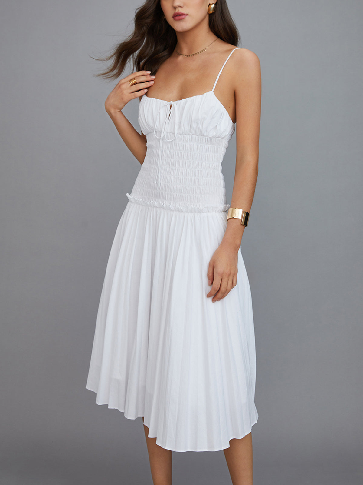 Cutout Tie Front Pleated Cami Midi Dress-Massicos