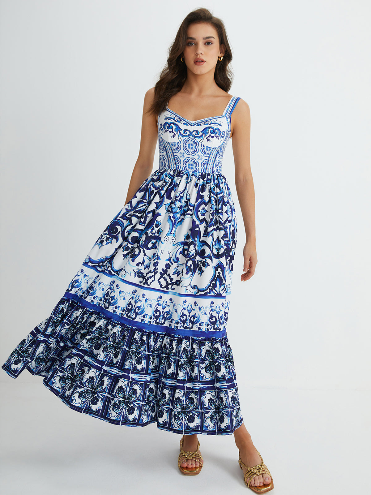Print Strap Pleated Long Dress-Massicos