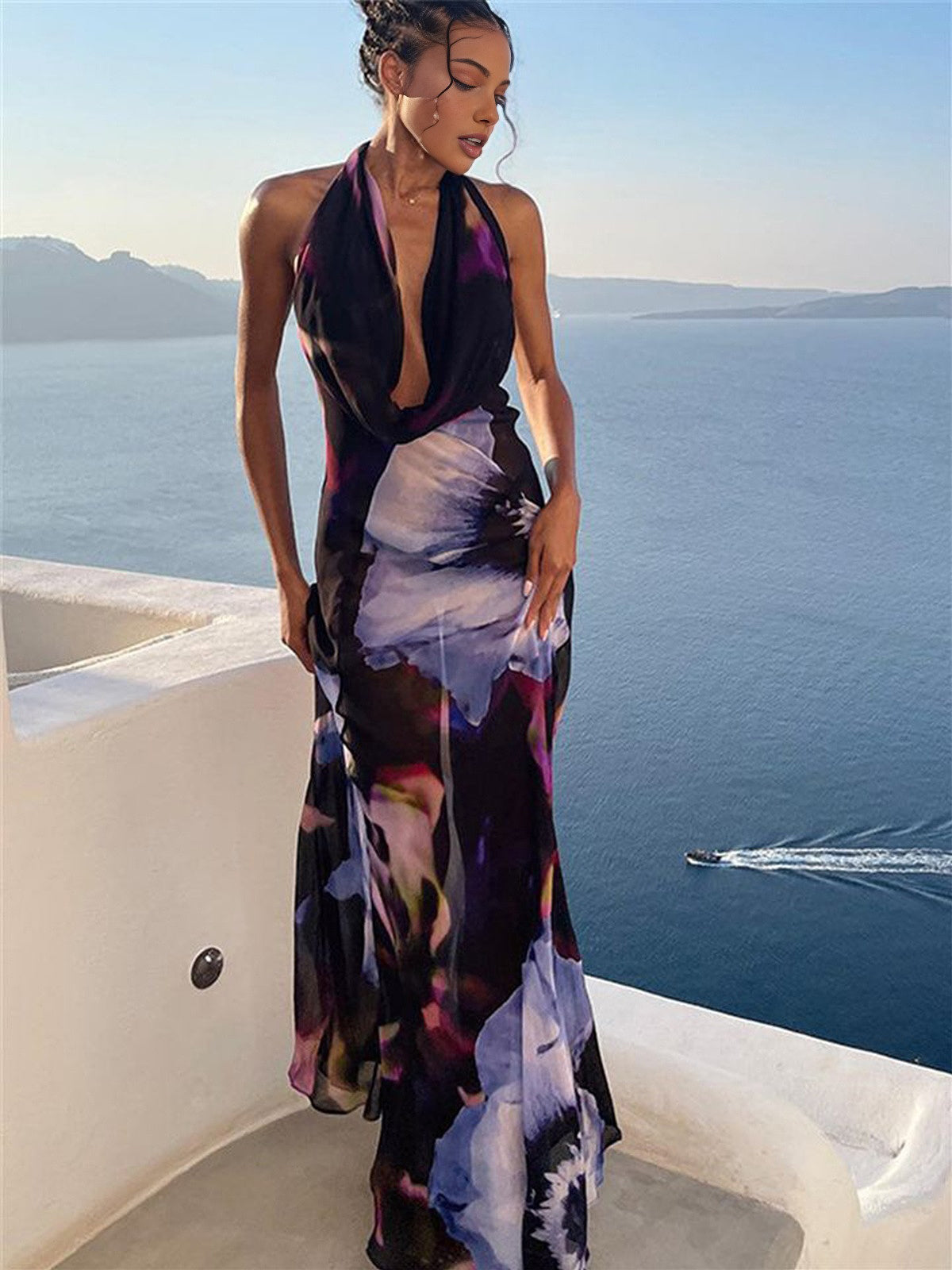 Semi-Sheer Print Backless Halter Dress-Massicos