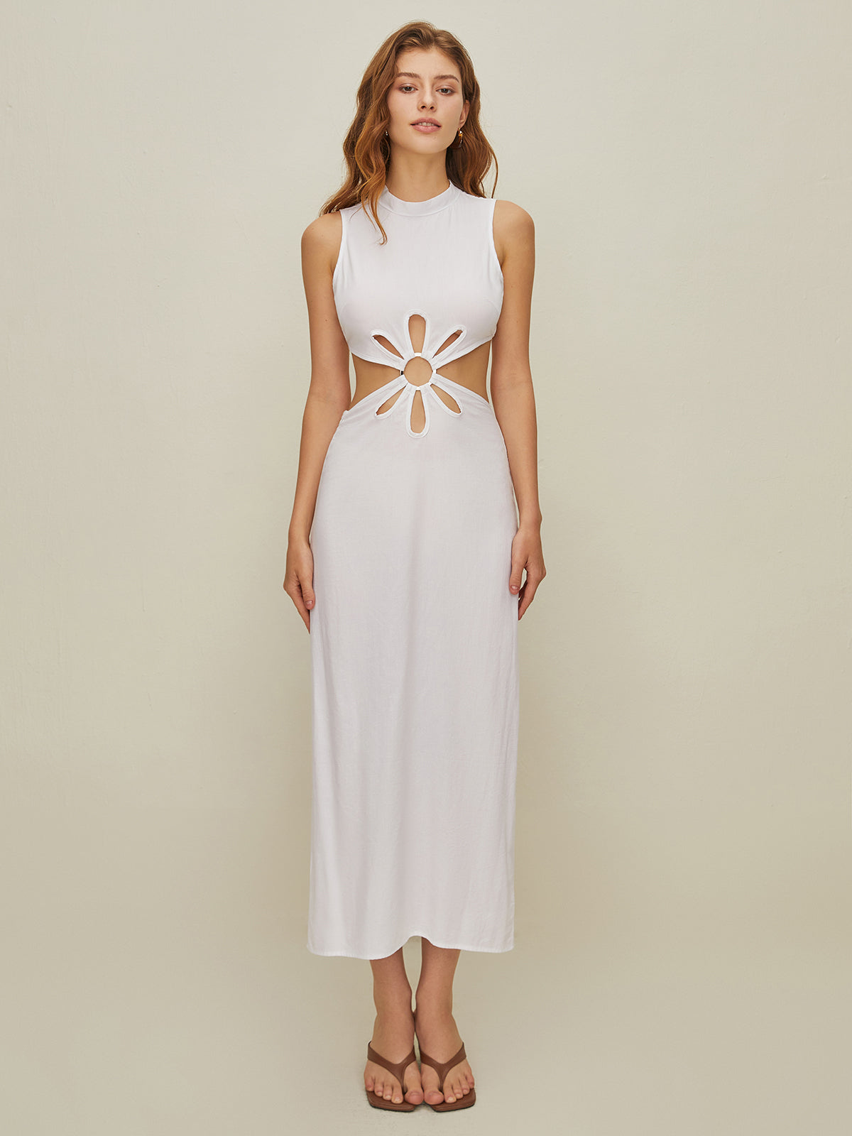 Semi-Sheer Mock Neck Cutout Backless Dress-Massicos