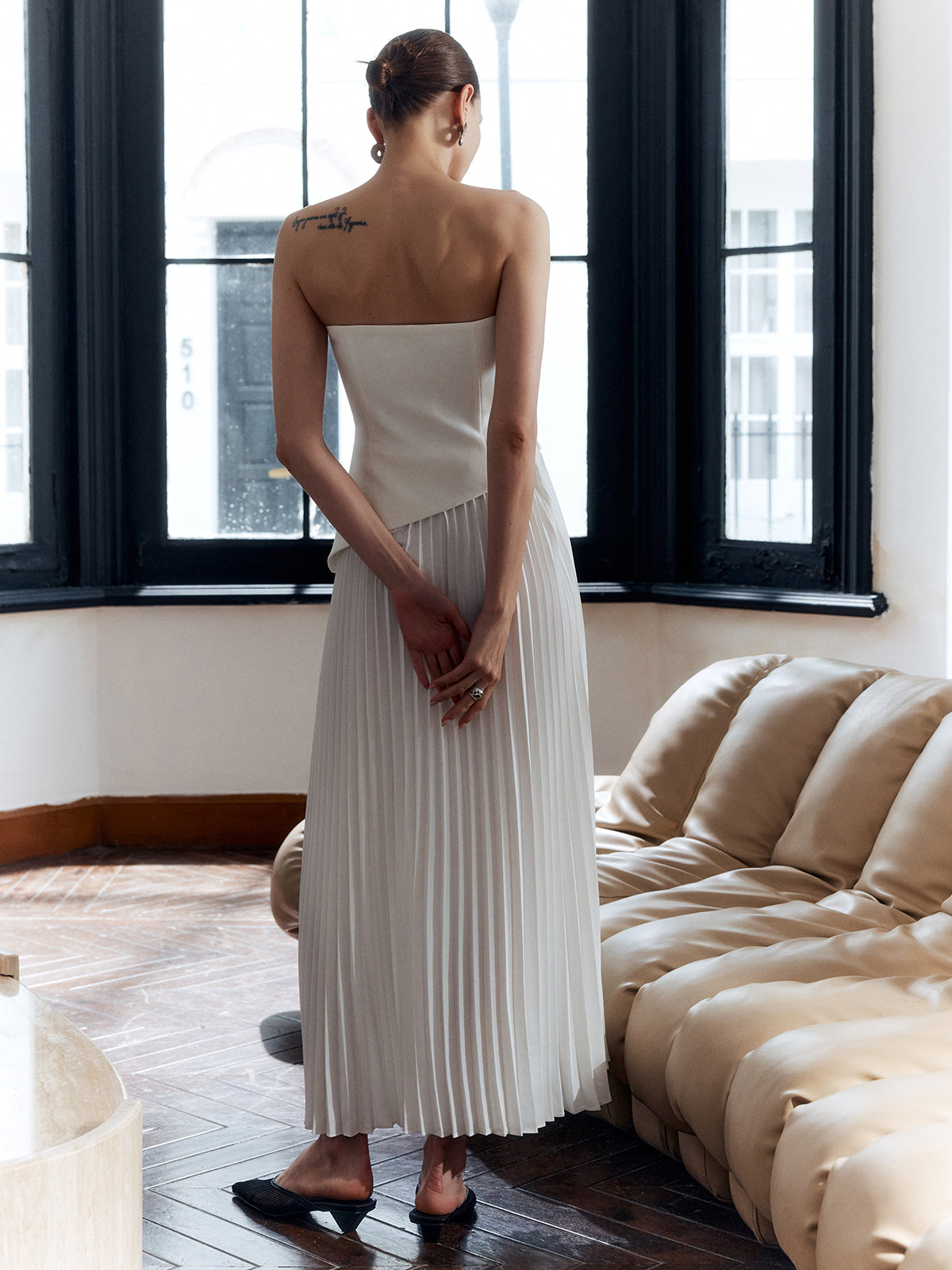 Solid Pleated Strapless Split Dress-Massicos
