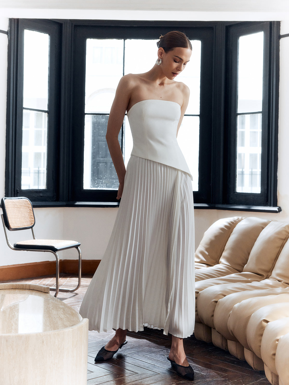 Solid Pleated Strapless Split Dress-Massicos