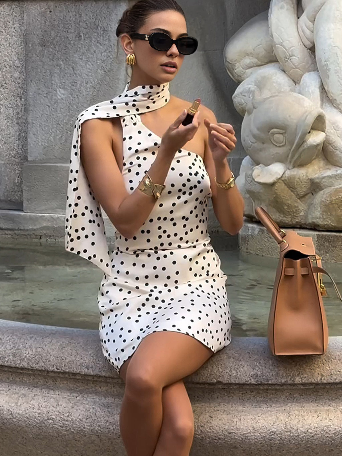 Satin Polka Dot Asymmetrical Dress-Massicos