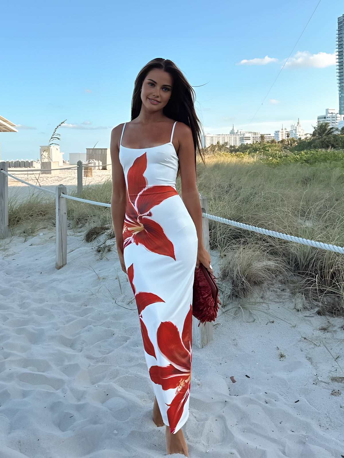 Floral Print Sleeveless Split Long Dress-Massicos