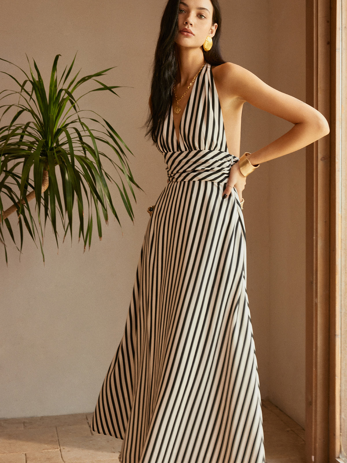Stripe Backless Pockets Dress-Massicos