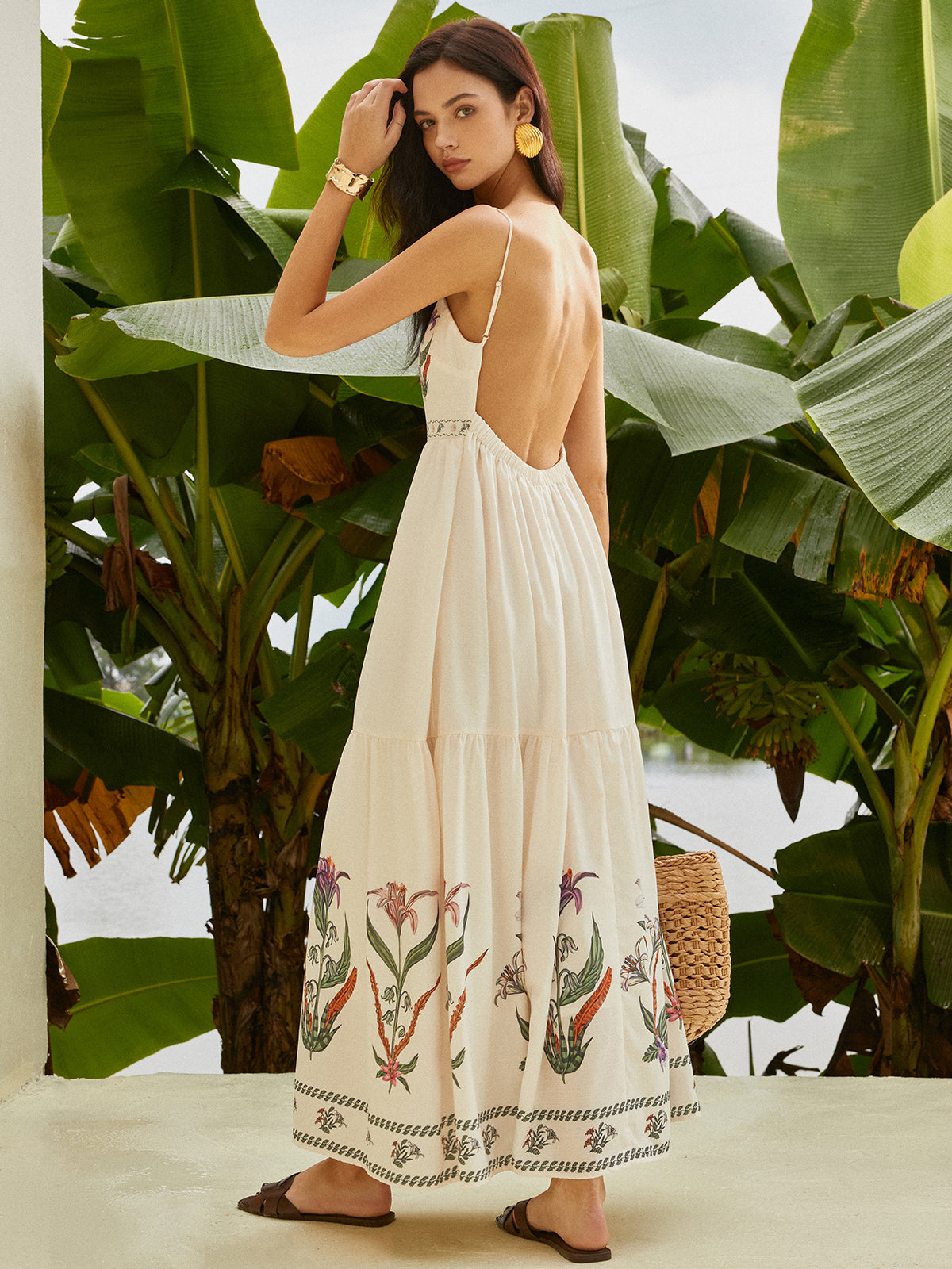 Backless Pleated Floral Dress-Massicos
