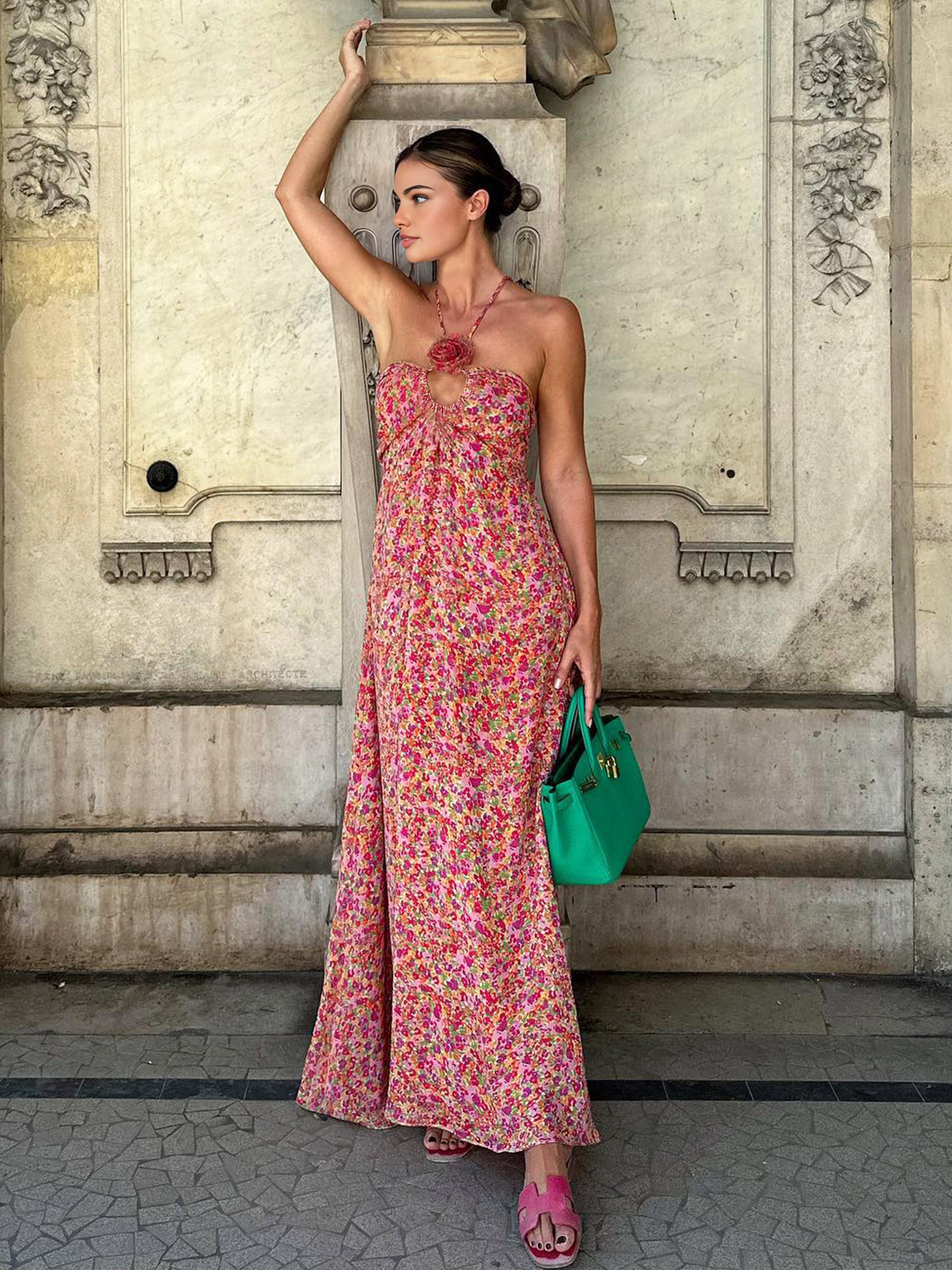 Boho Floral Print Rosette Decor Halter Long Dress-Massicos