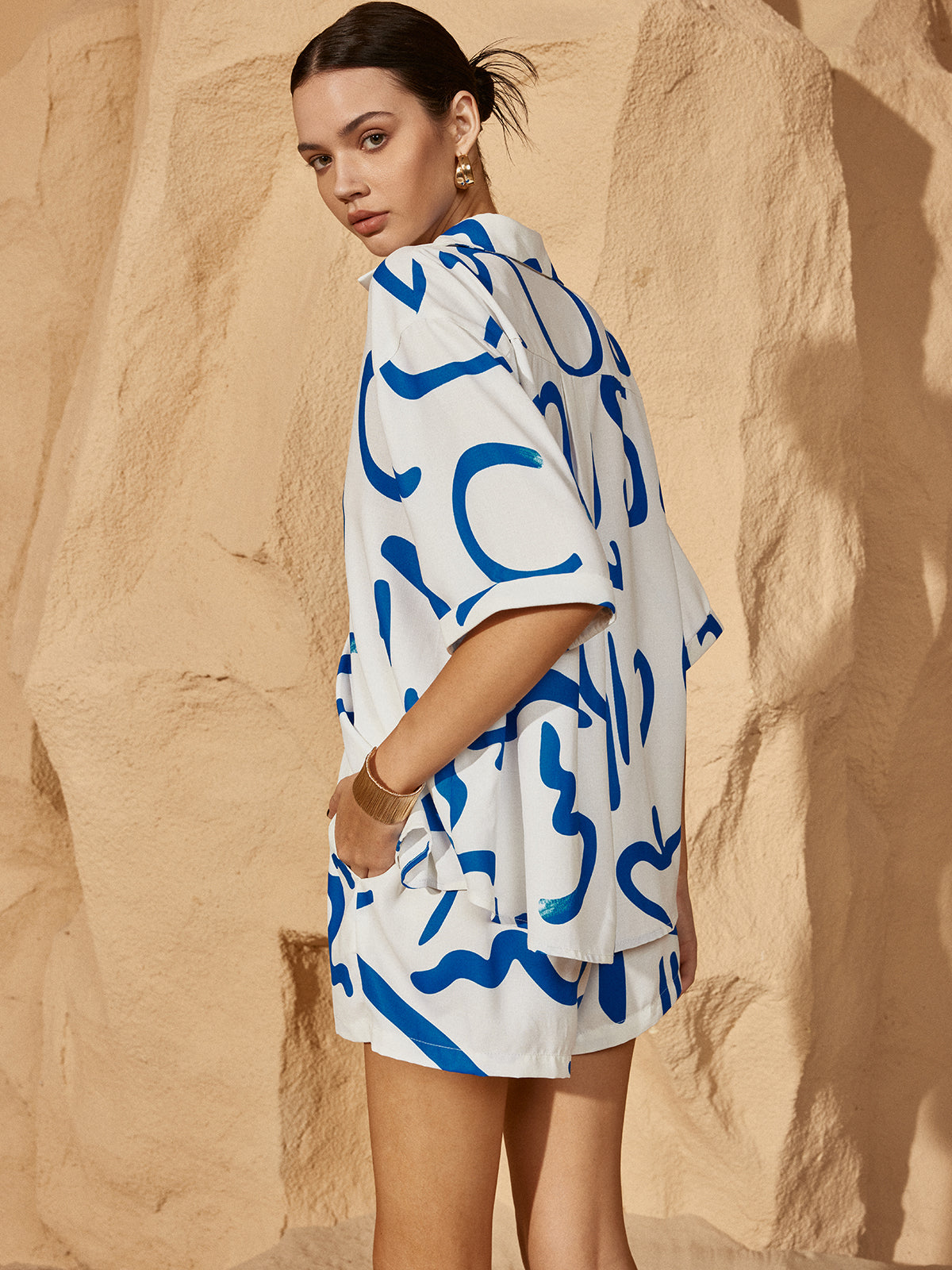 Print Drawstring Shift Shorts Set-Massicos