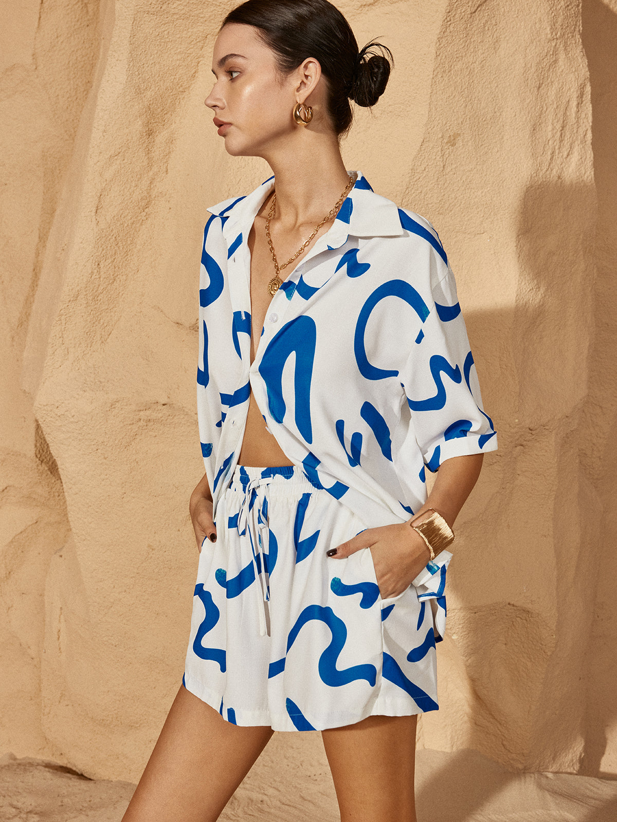 Print Drawstring Shift Shorts Set-Massicos