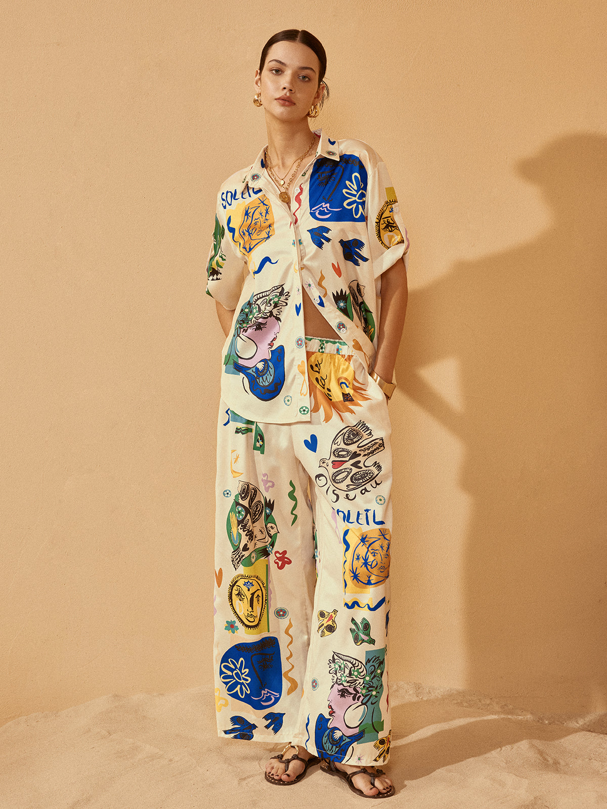 Satin Graffiti Lapel Pants Set-Massicos