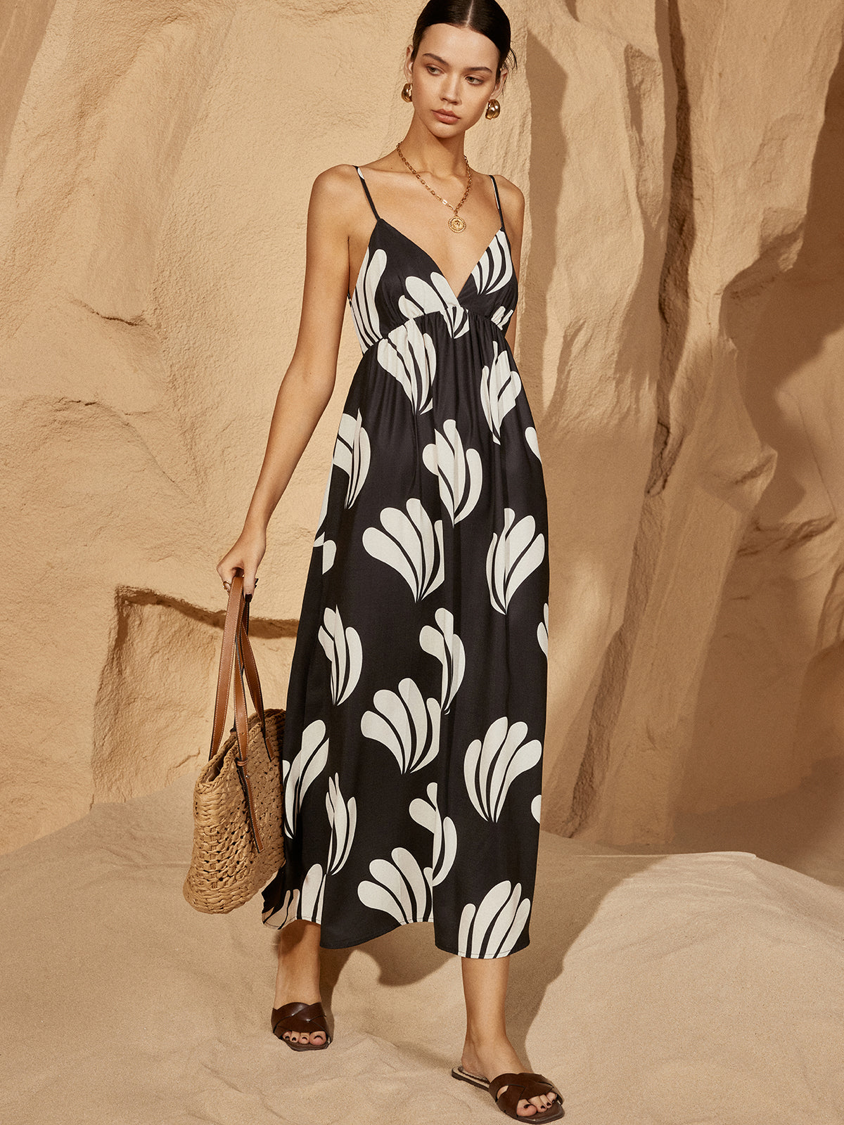Oversized Palm Backless V-Neck Dress-Massicos