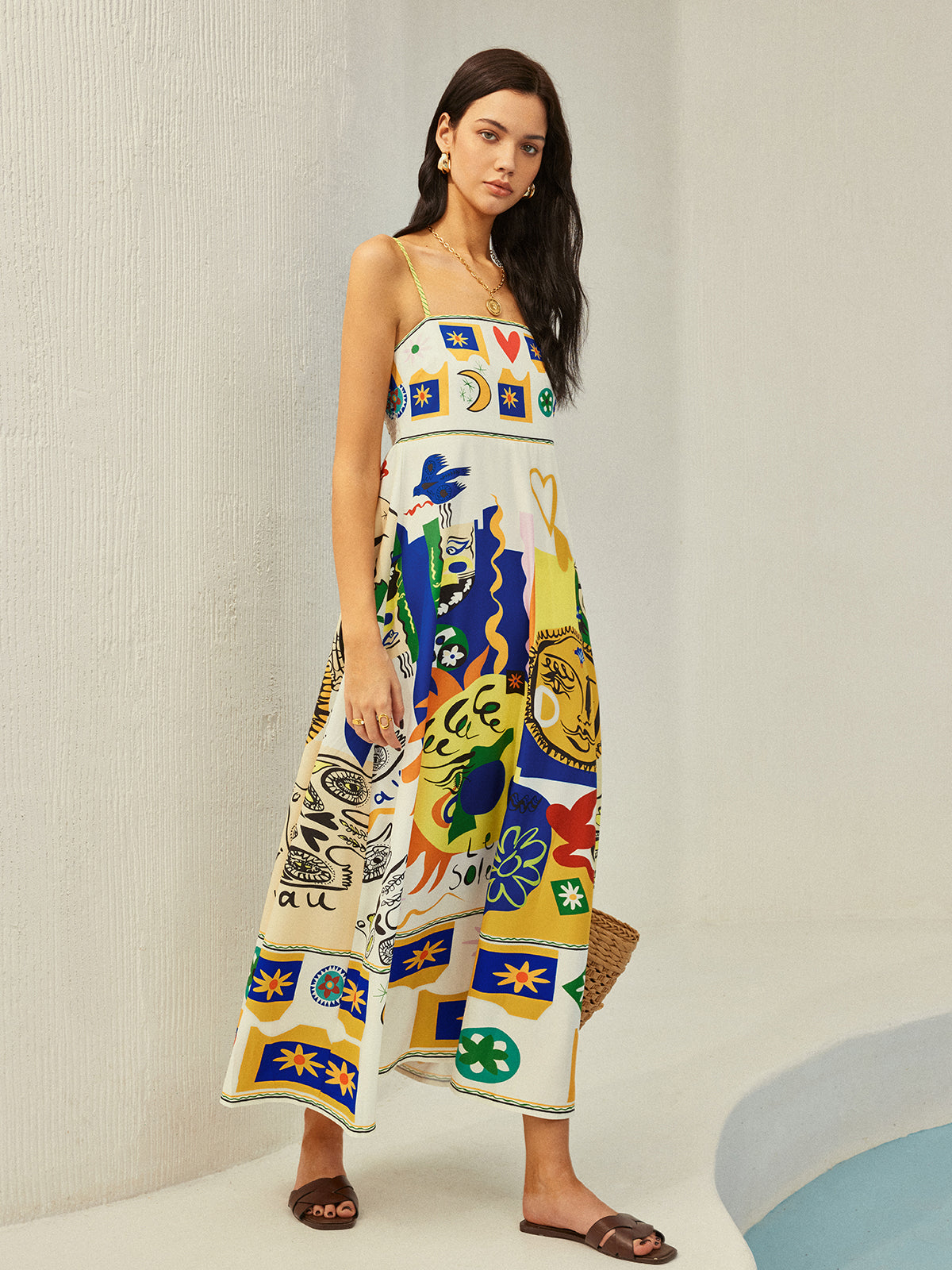 All Over Print Multi Color Cami Long Dress-Massicos