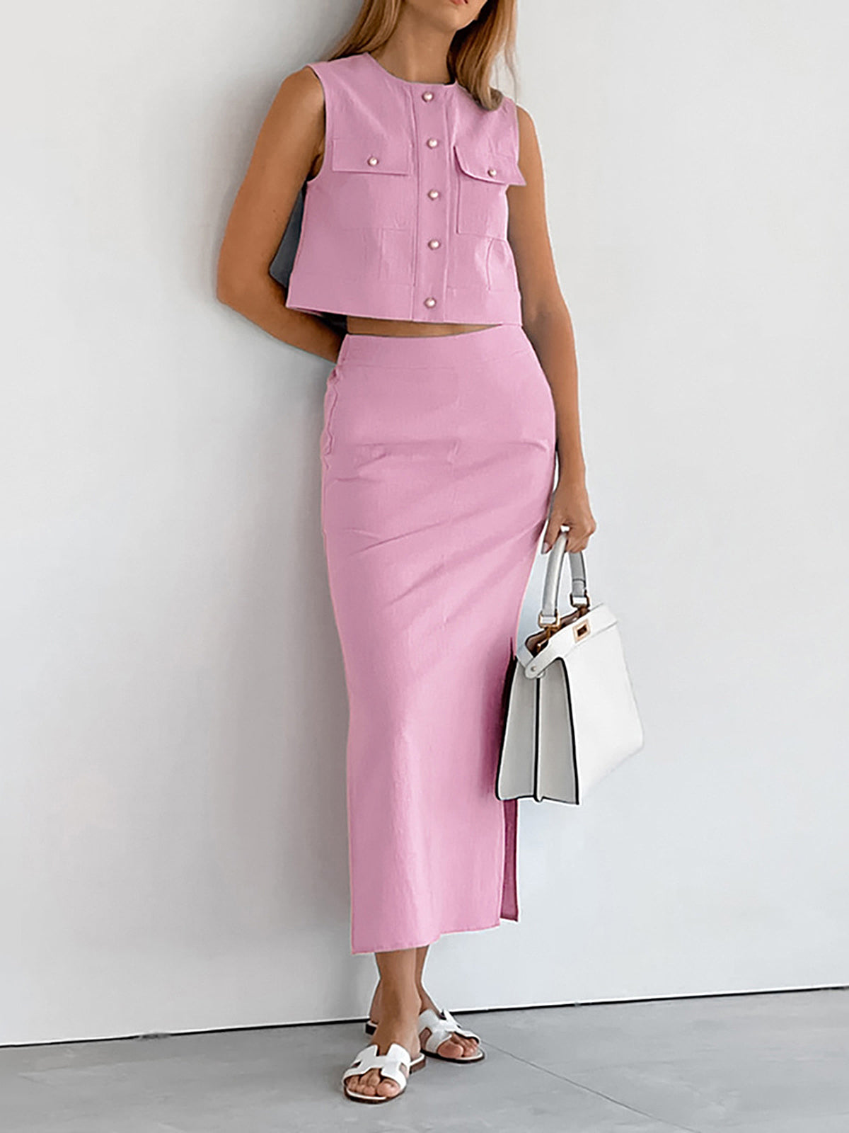 Split Pockets Sleeveless Skirt Set-Massicos