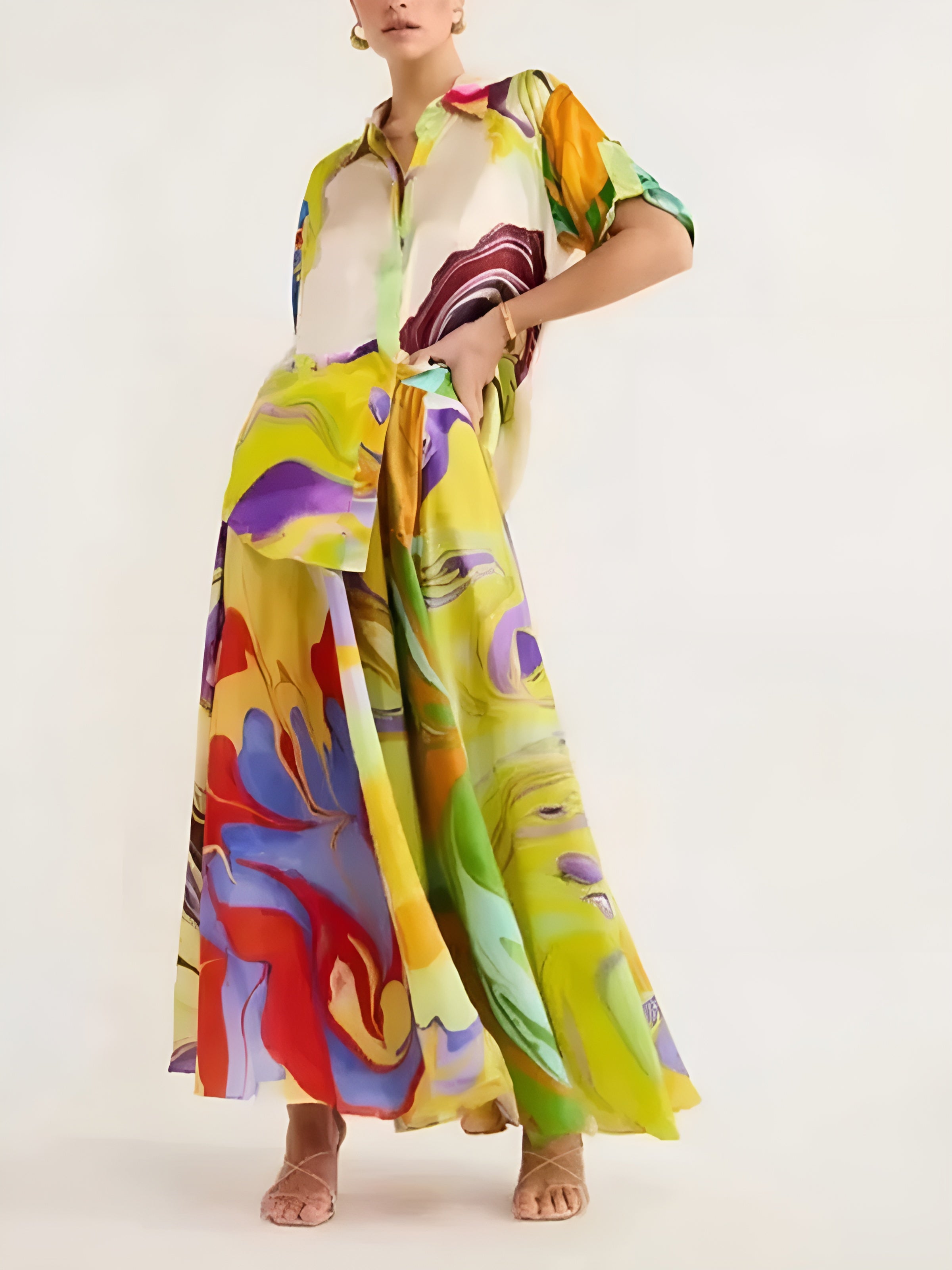 Satin Print Drawstring Skirt Set-Massicos