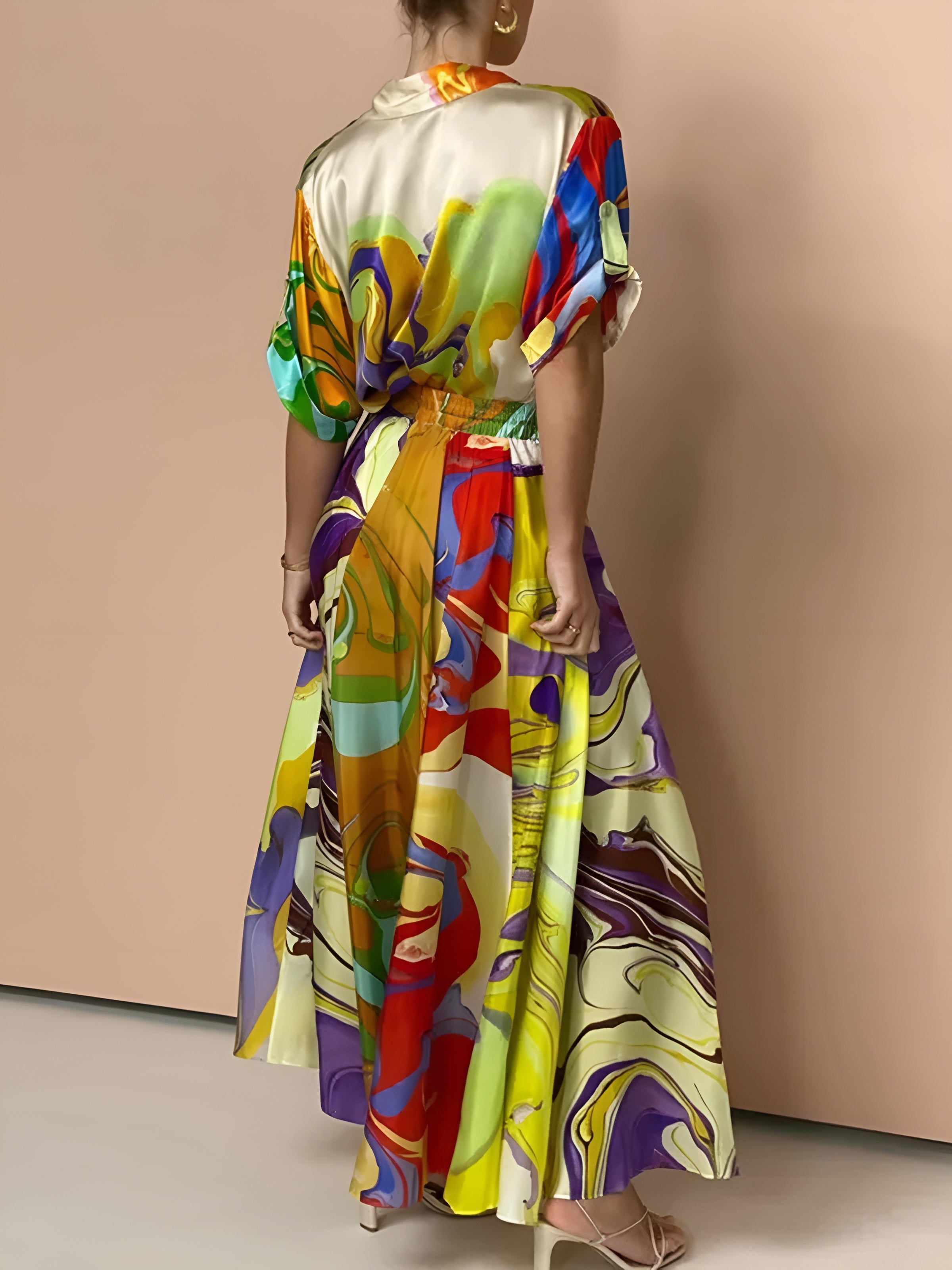 Satin Print Drawstring Skirt Set-Massicos