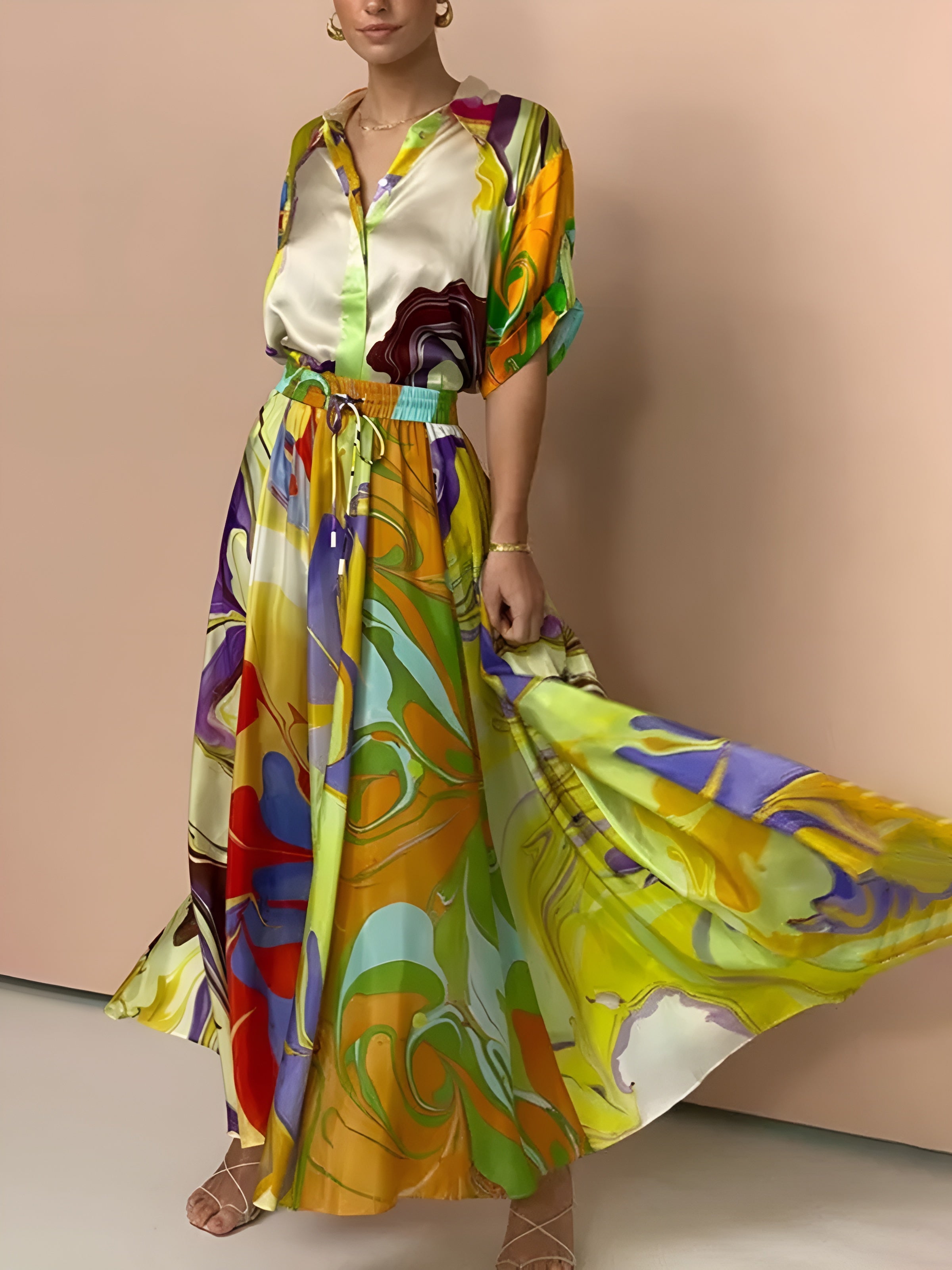 Satin Print Drawstring Skirt Set-Massicos