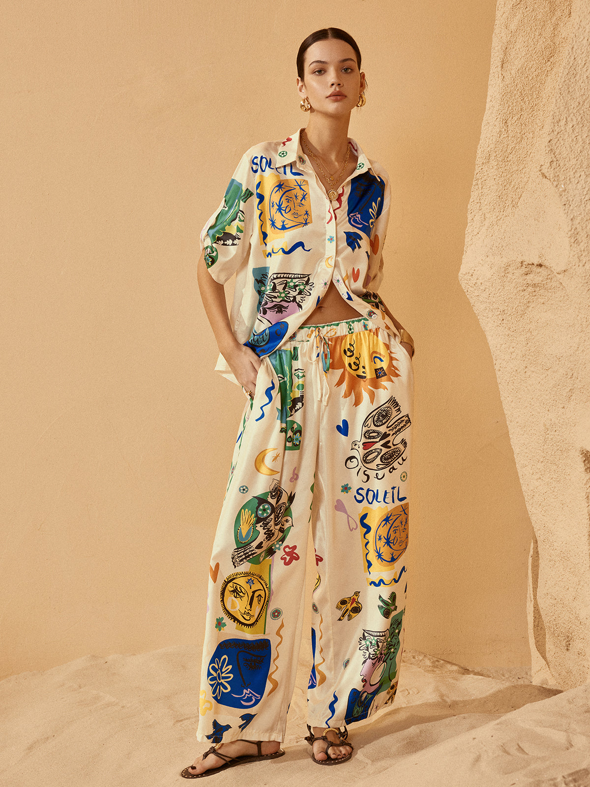 Satin Graffiti Lapel Pants Set-Massicos
