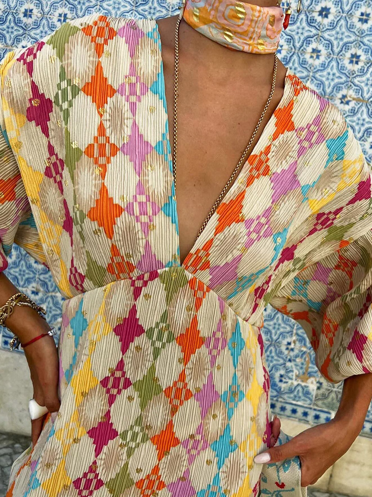 Jacquard Print V-Neck Dress-Massicos