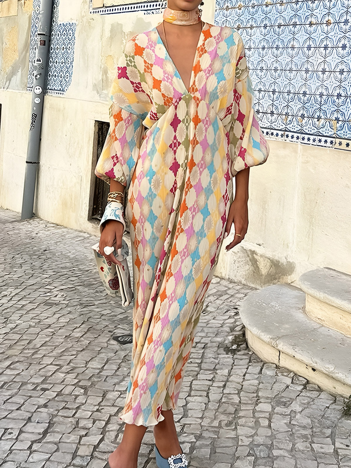 Jacquard Print V-Neck Dress-Massicos