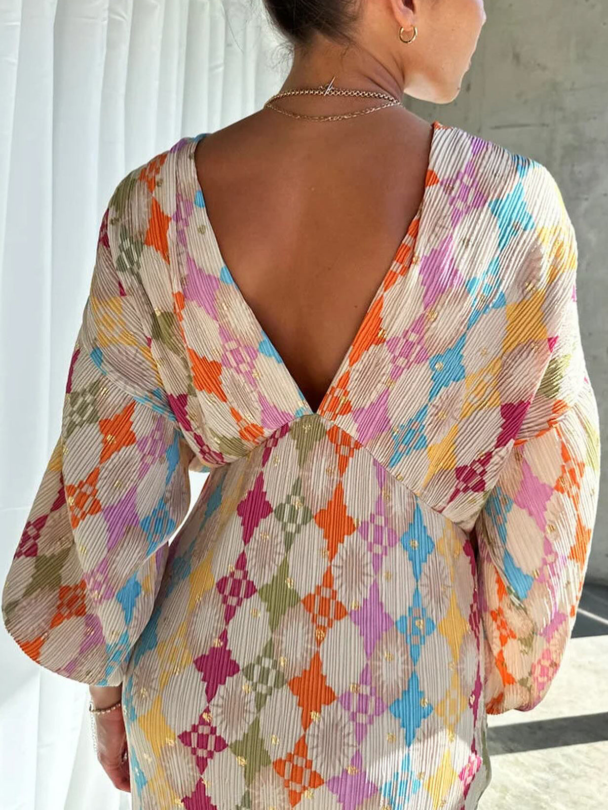 Jacquard Print V-Neck Dress-Massicos