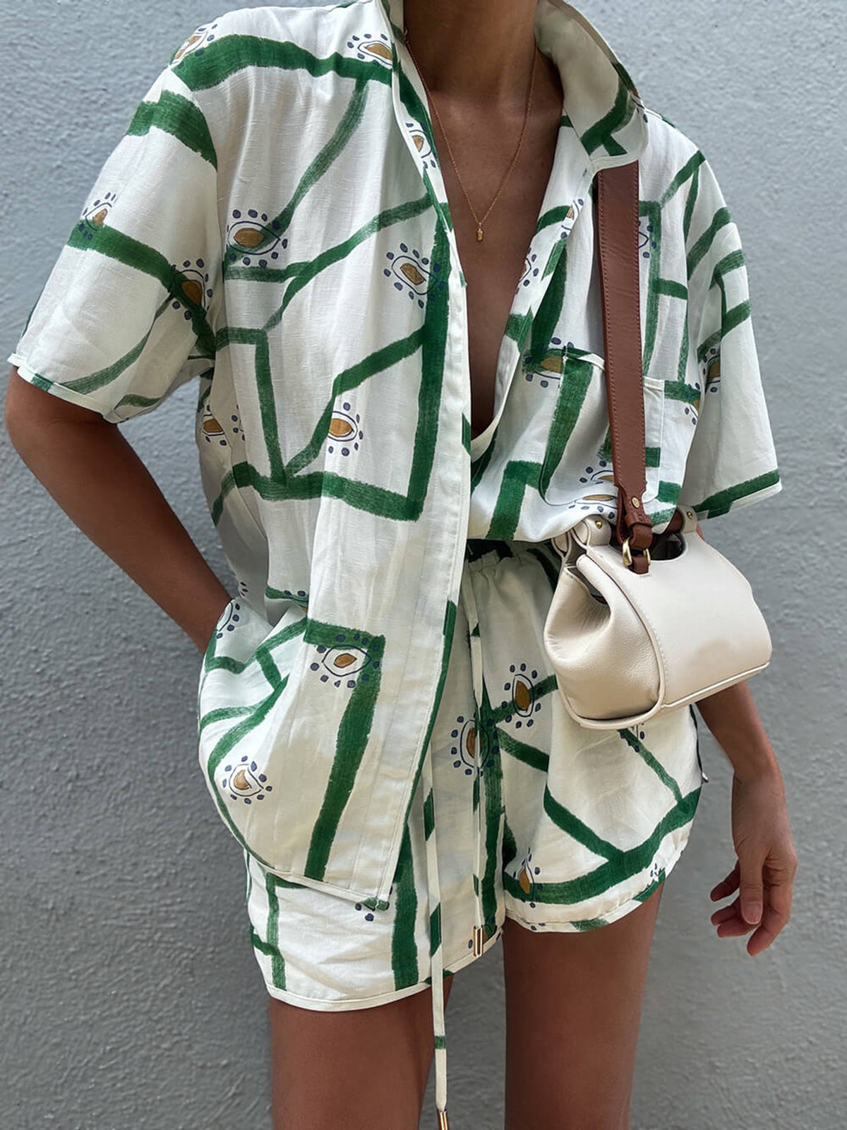 Print Drawstring Shorts Set-Massicos