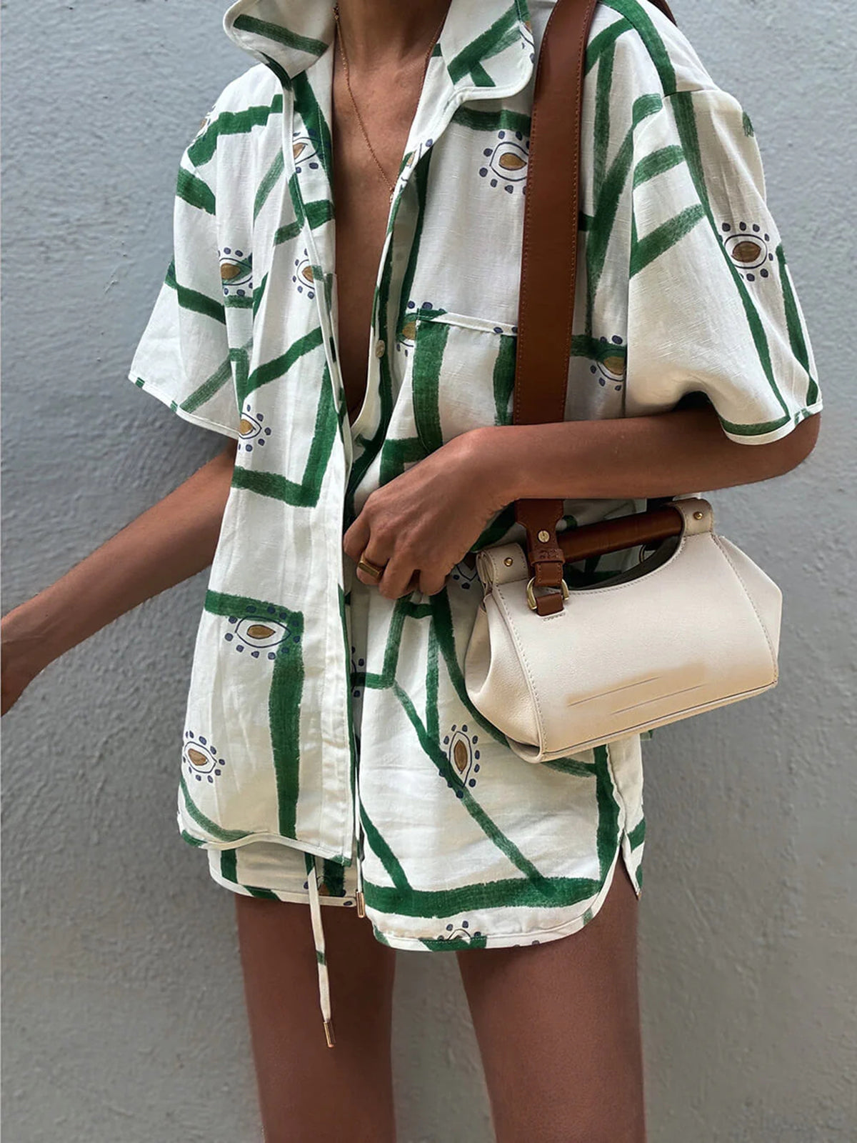 Print Drawstring Shorts Set-Massicos