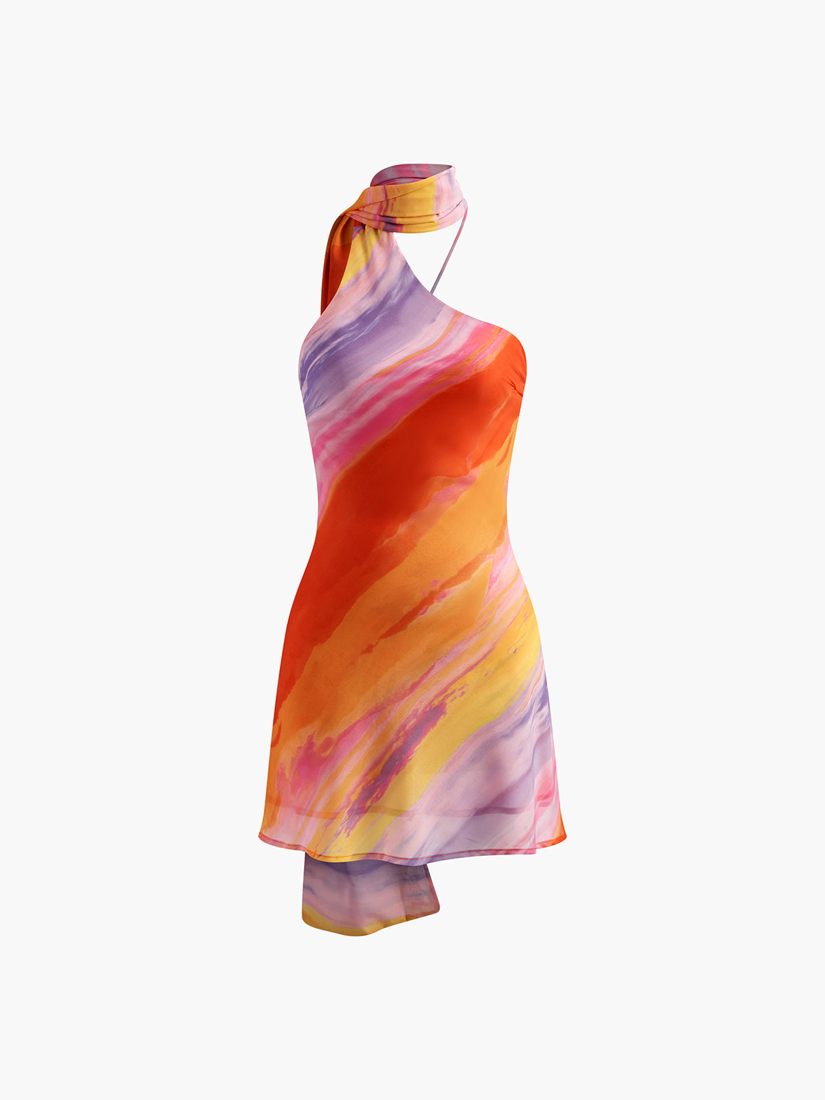 Semi-Sheer Halter Backless Tie Dye Short Dress-Massicos