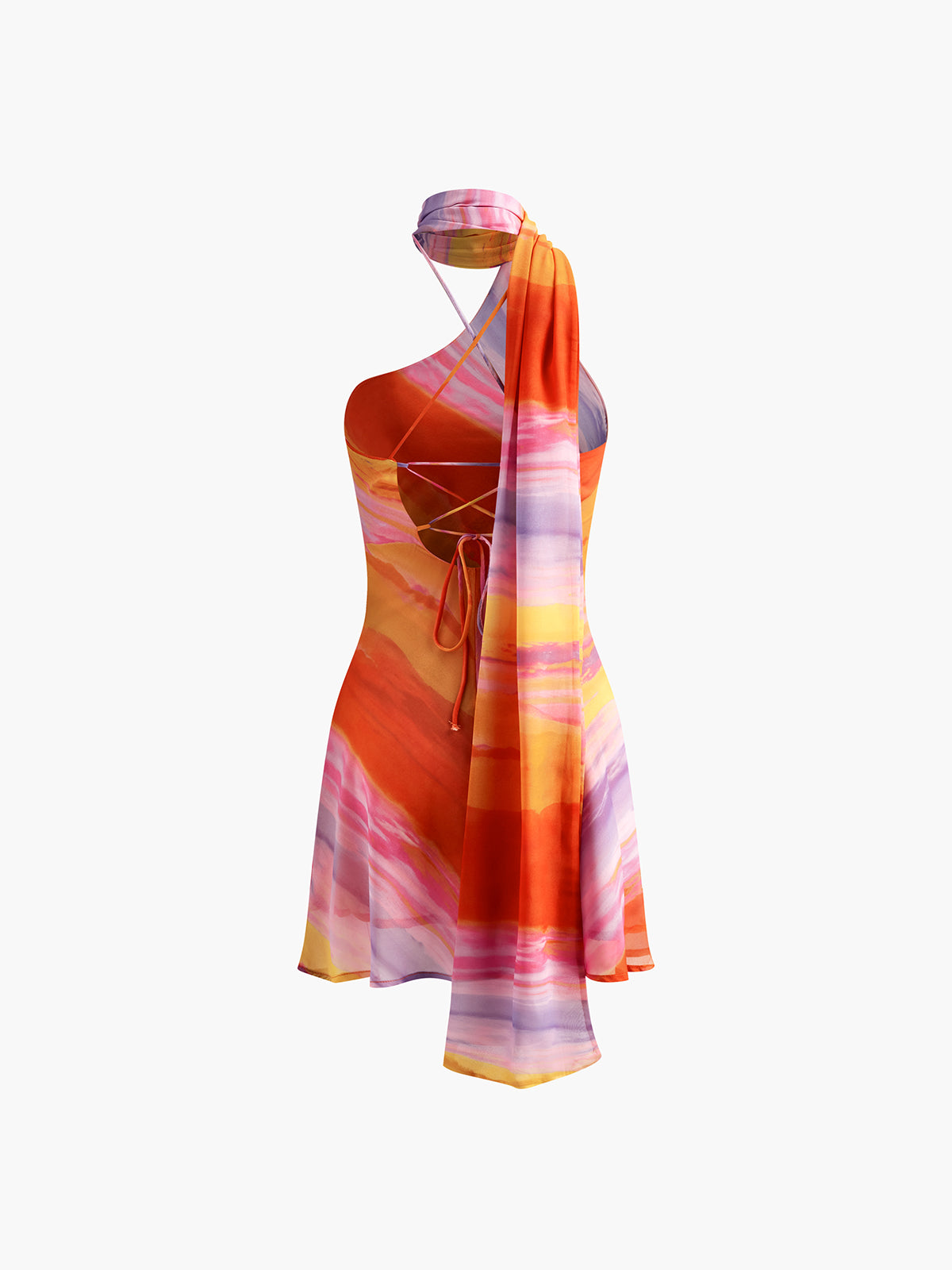 Semi-Sheer Halter Backless Tie Dye Short Dress-Massicos