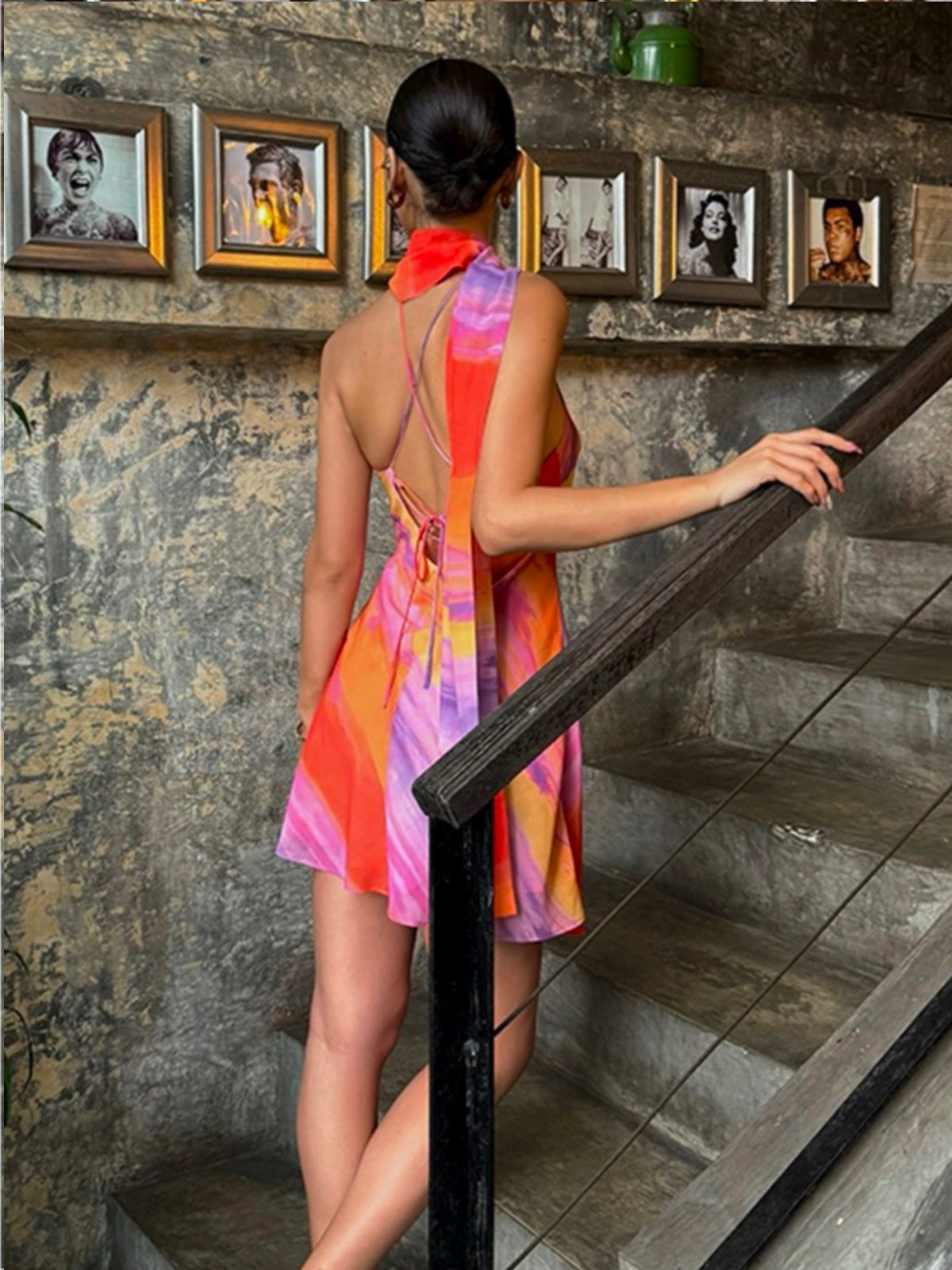 Semi-Sheer Halter Backless Tie Dye Short Dress-Massicos