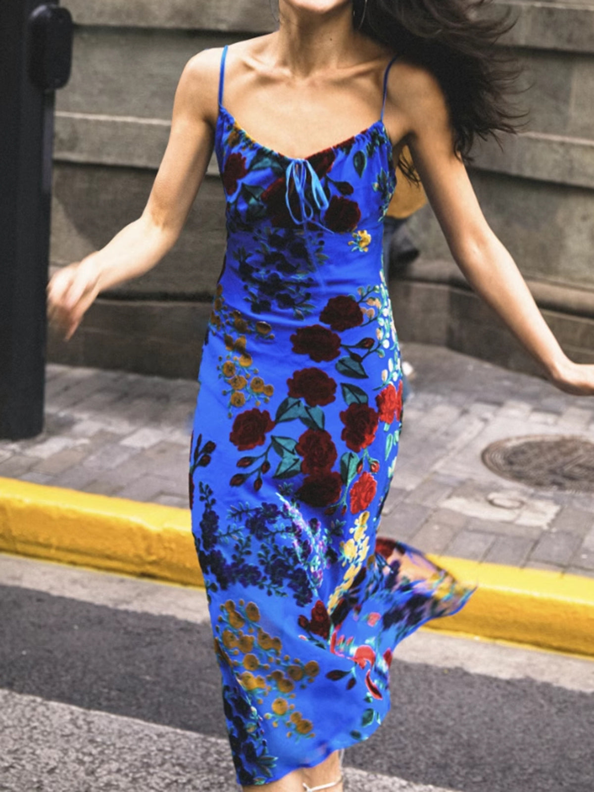 Velvet Floral Appliqué Cami Dress-Massicos