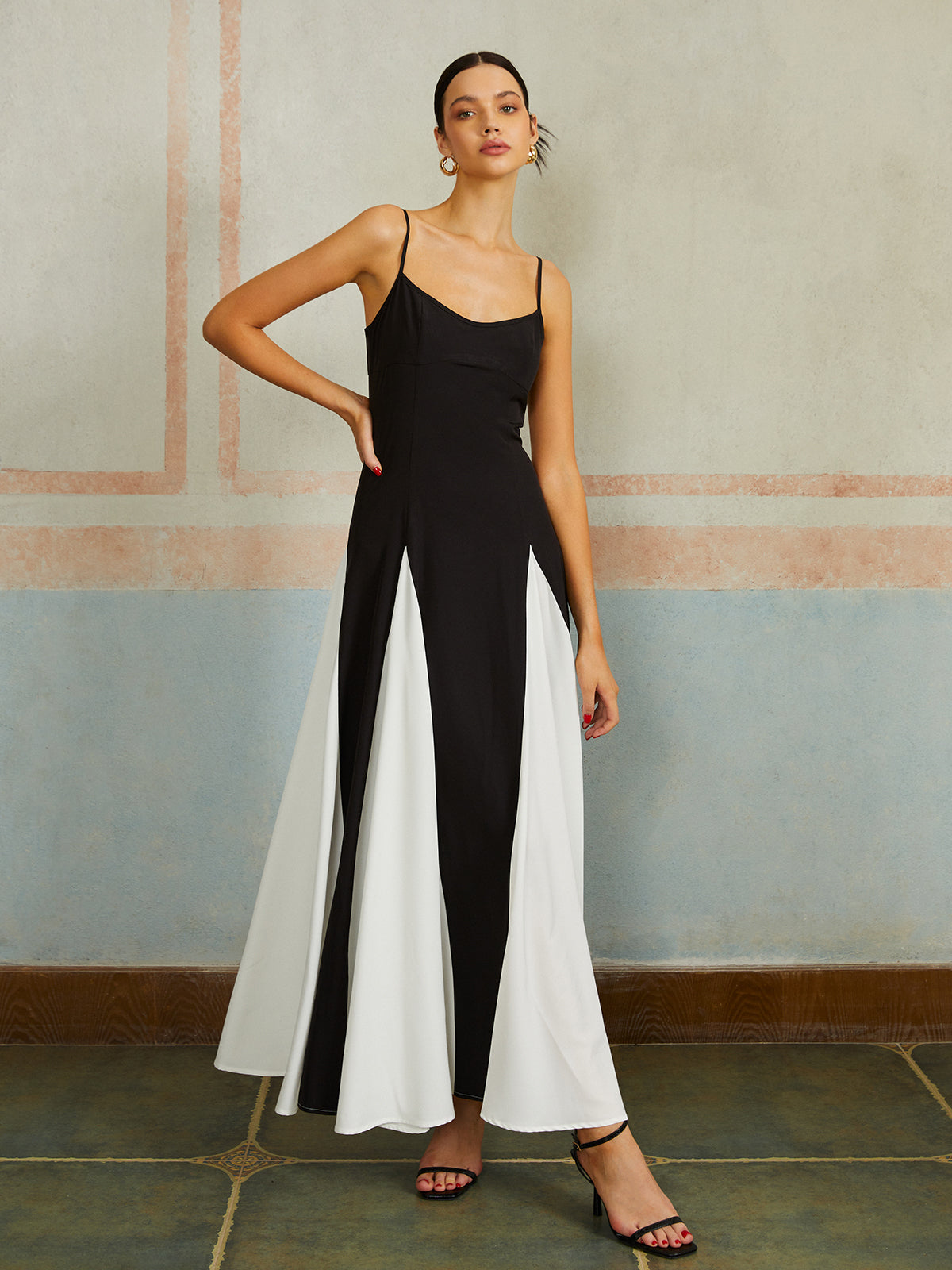 Color Block Spaghetti Strap Long Dress-Massicos