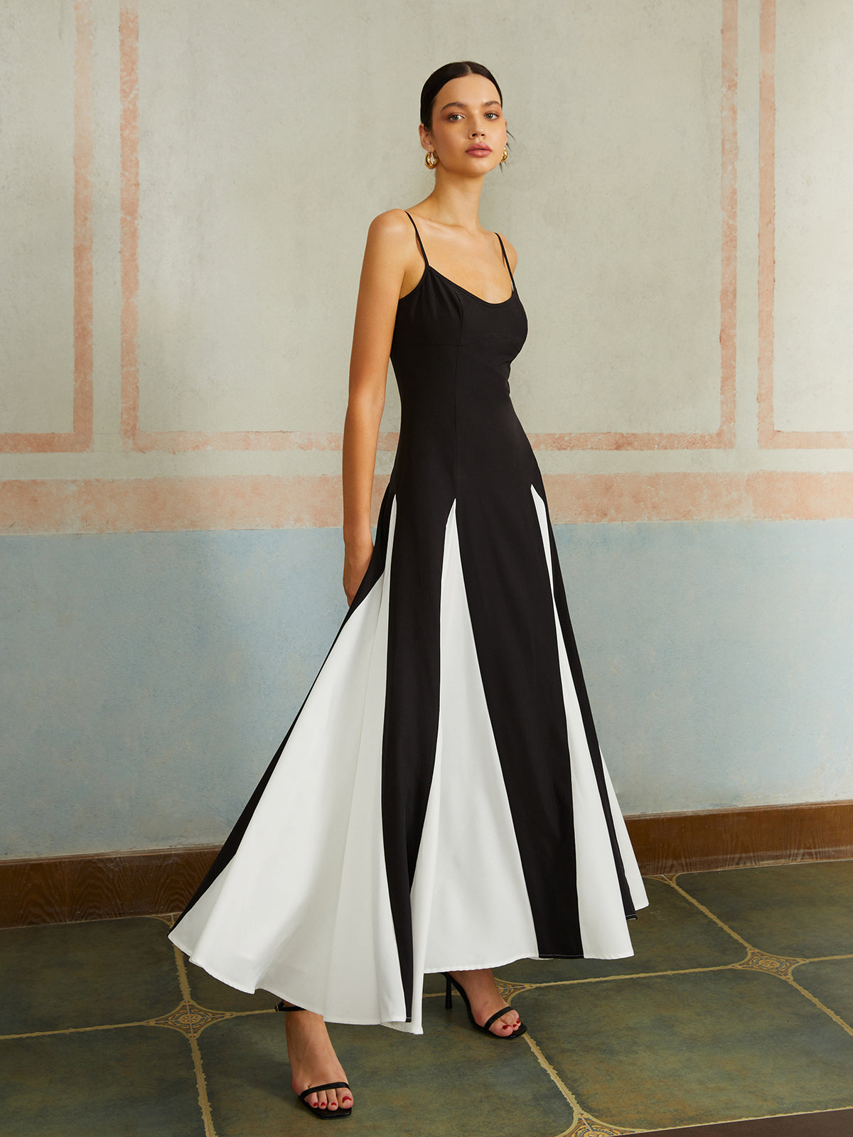 Color Block Spaghetti Strap Long Dress-Massicos