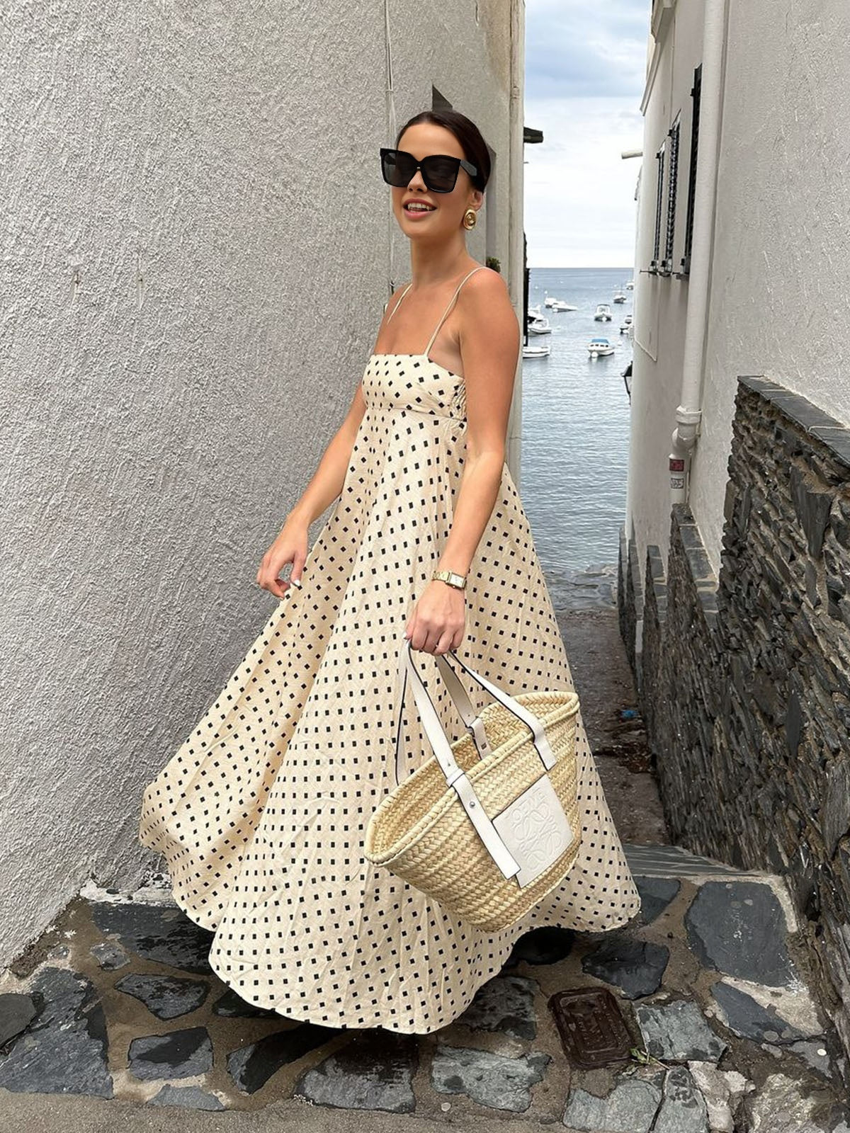 Printed Spaghetti Strap Long Dress-Massicos