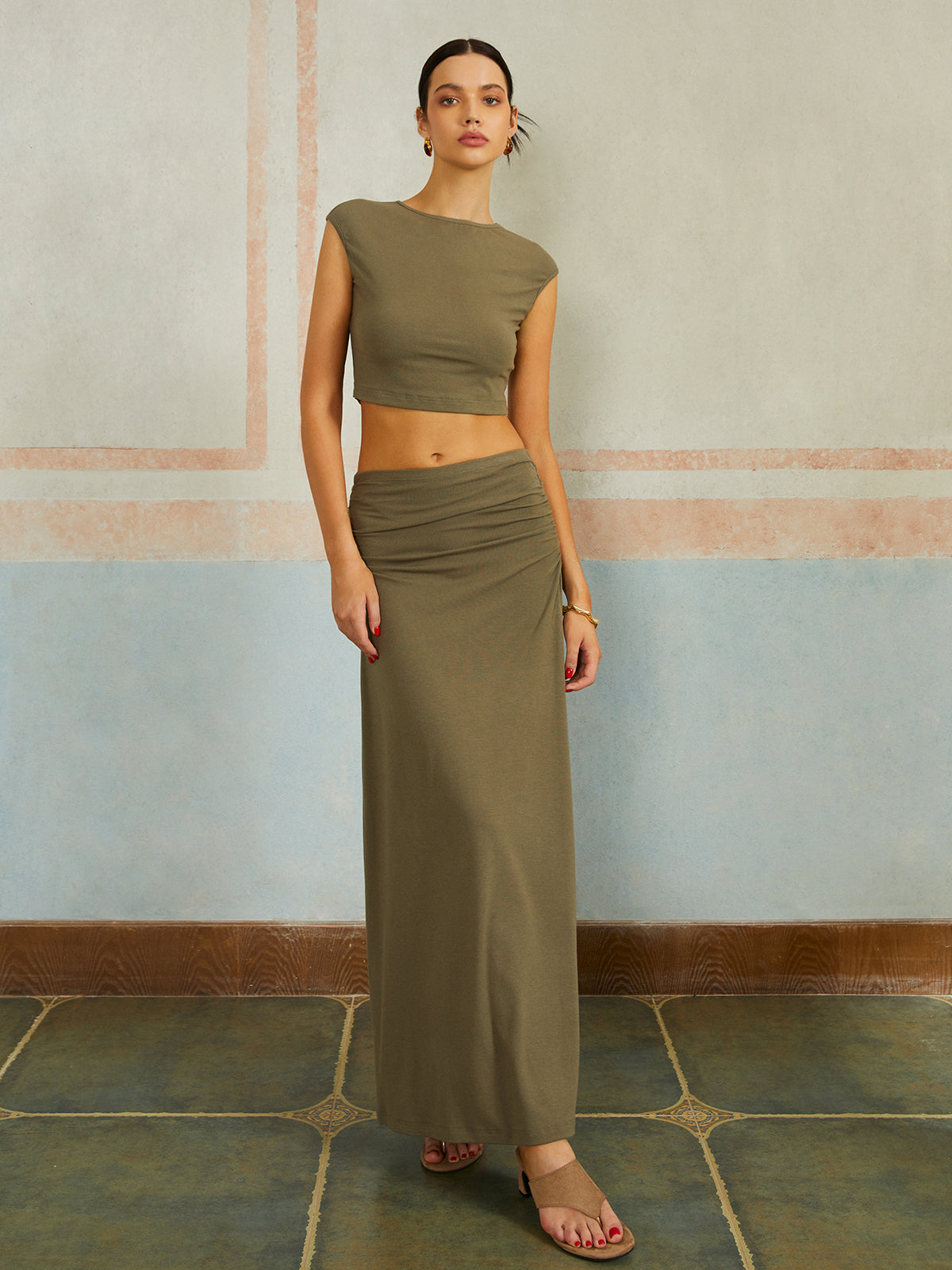Casual Slim Fit Pleated Long Skirt Set-ROVOLE