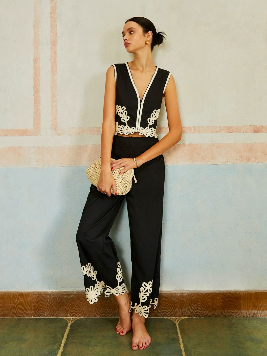 Casual Embroidery Sleeveless Zipper Pants Set-Massicos