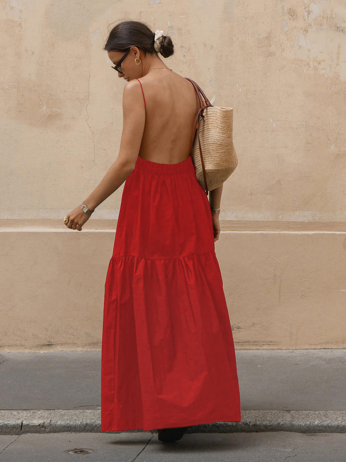 Solid Backless Long Dress-Massicos