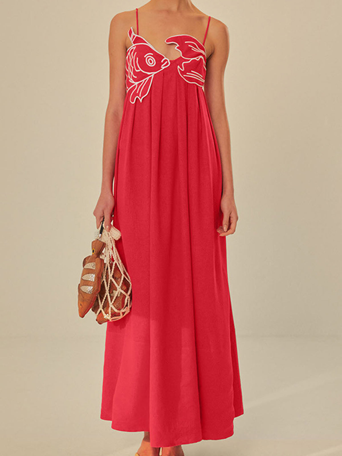 Embroidered Fish Semi-Sheer Cami Dress-Massicos