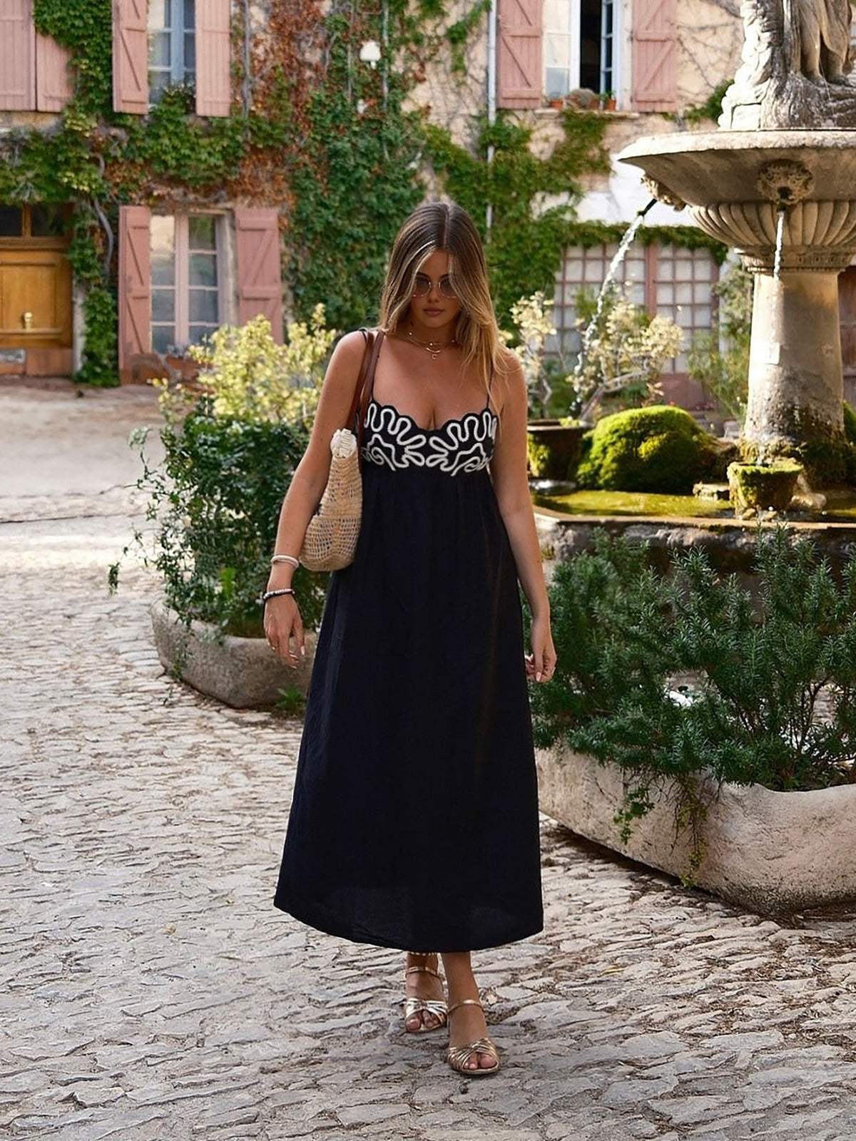 Embroidered Shirred Spaghetti Strap Long Dress-Massicos