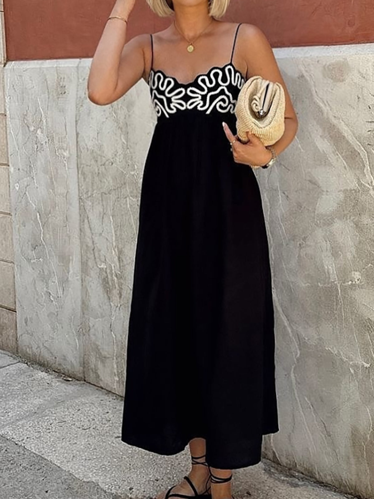 Embroidered Shirred Spaghetti Strap Long Dress-Massicos