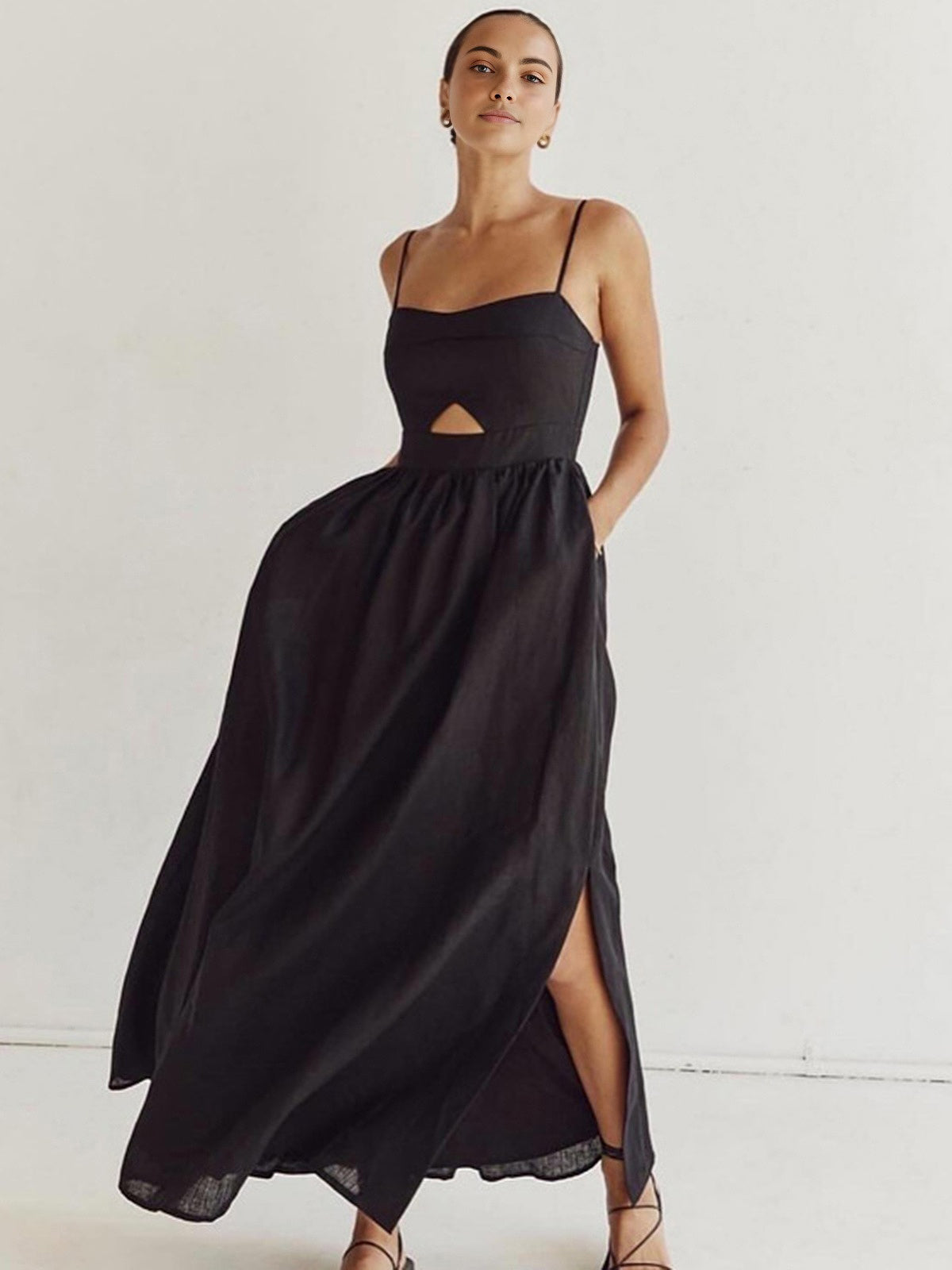 Cotton Sleeveless Pockets Cutout Long Dress-Massicos