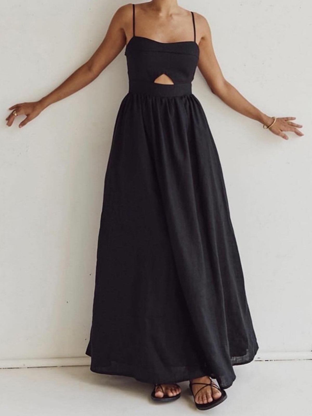 Cotton Sleeveless Pockets Cutout Long Dress-Massicos