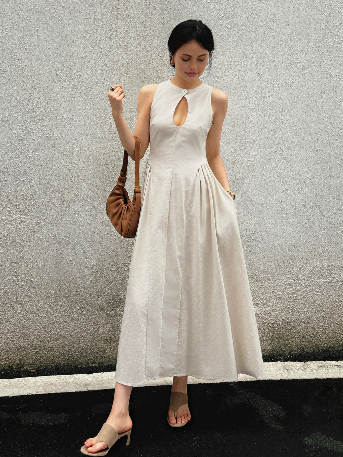 Cotton & Linen Pleated Cutout Long Dress-Massicos