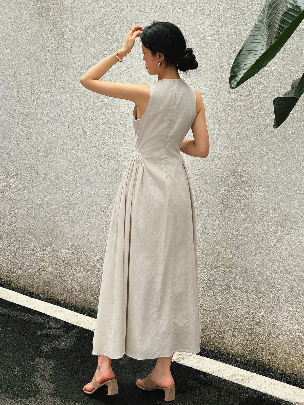 Cotton & Linen Pleated Cutout Long Dress-Massicos